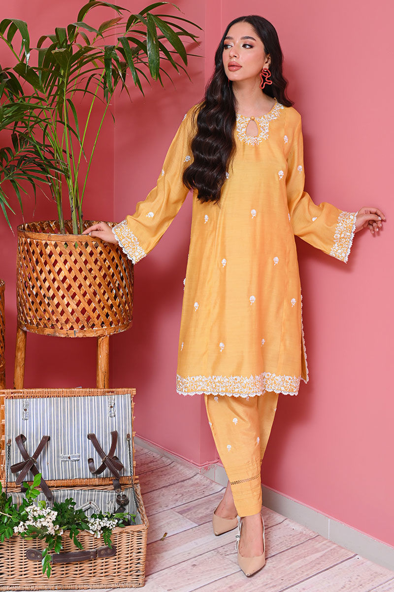 Lemon Yellow Embroidered Pure Raw Silk Kurta Set (3-Piece) - Image 5