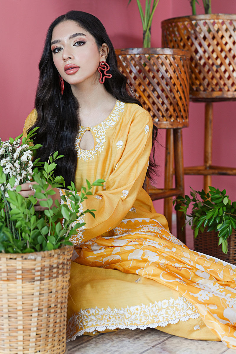 Lemon Yellow Embroidered Pure Raw Silk Kurta Set (3-Piece) - Image 7