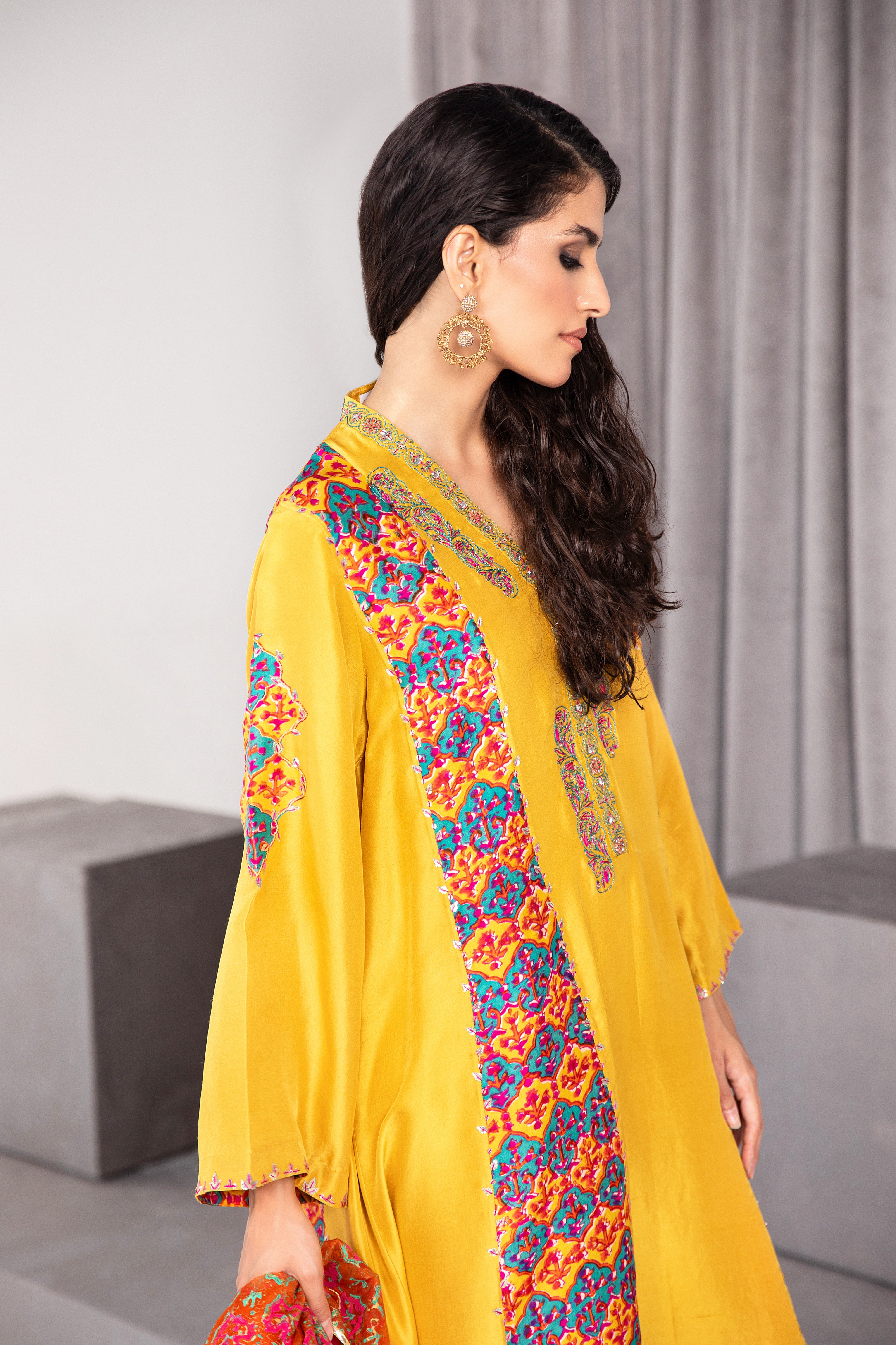 Freesia Yellow Embroidered Raw Silk Salwar Kameez (3-Piece) - Image 2