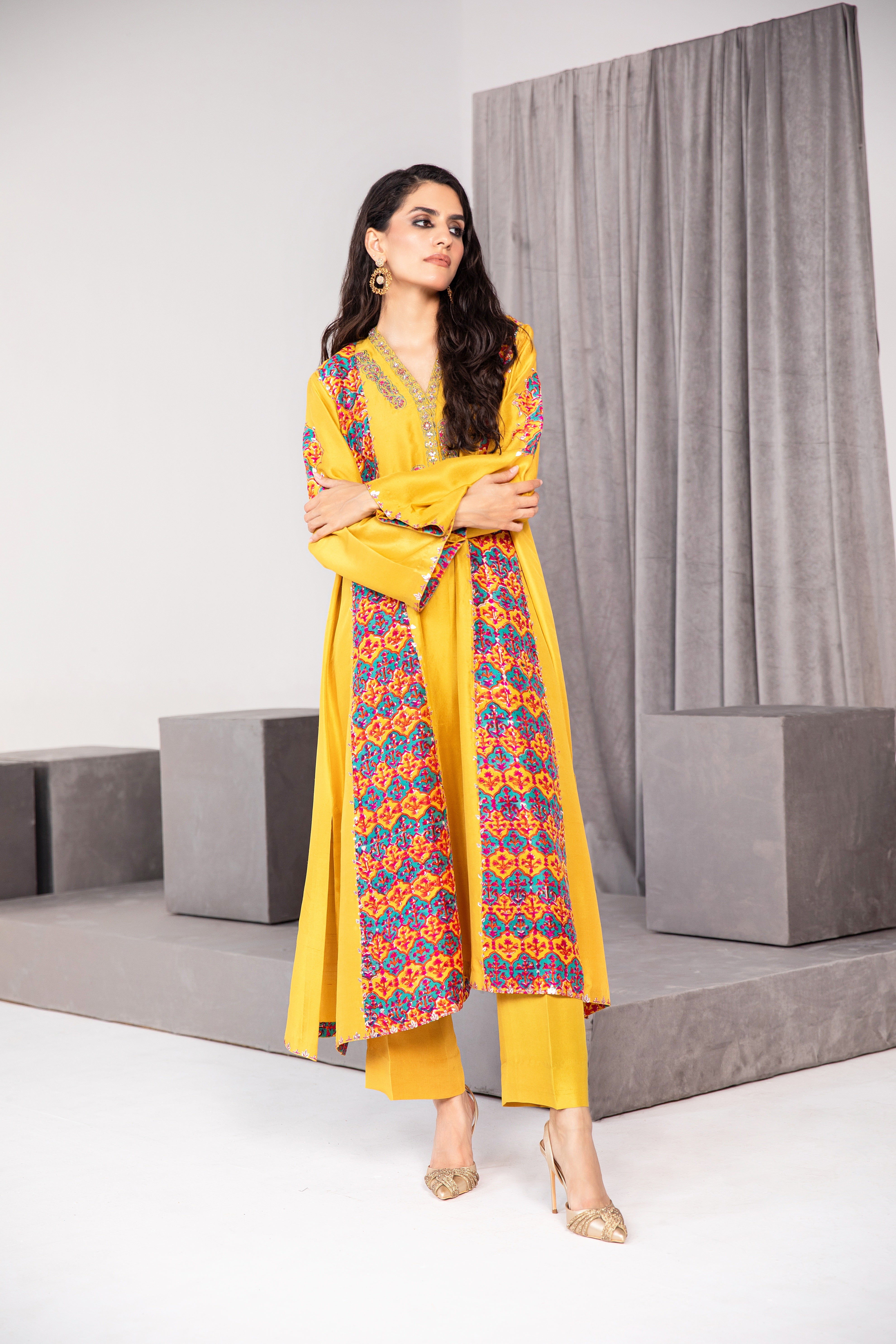 Freesia Yellow Embroidered Raw Silk Salwar Kameez (3-Piece) - Image 3