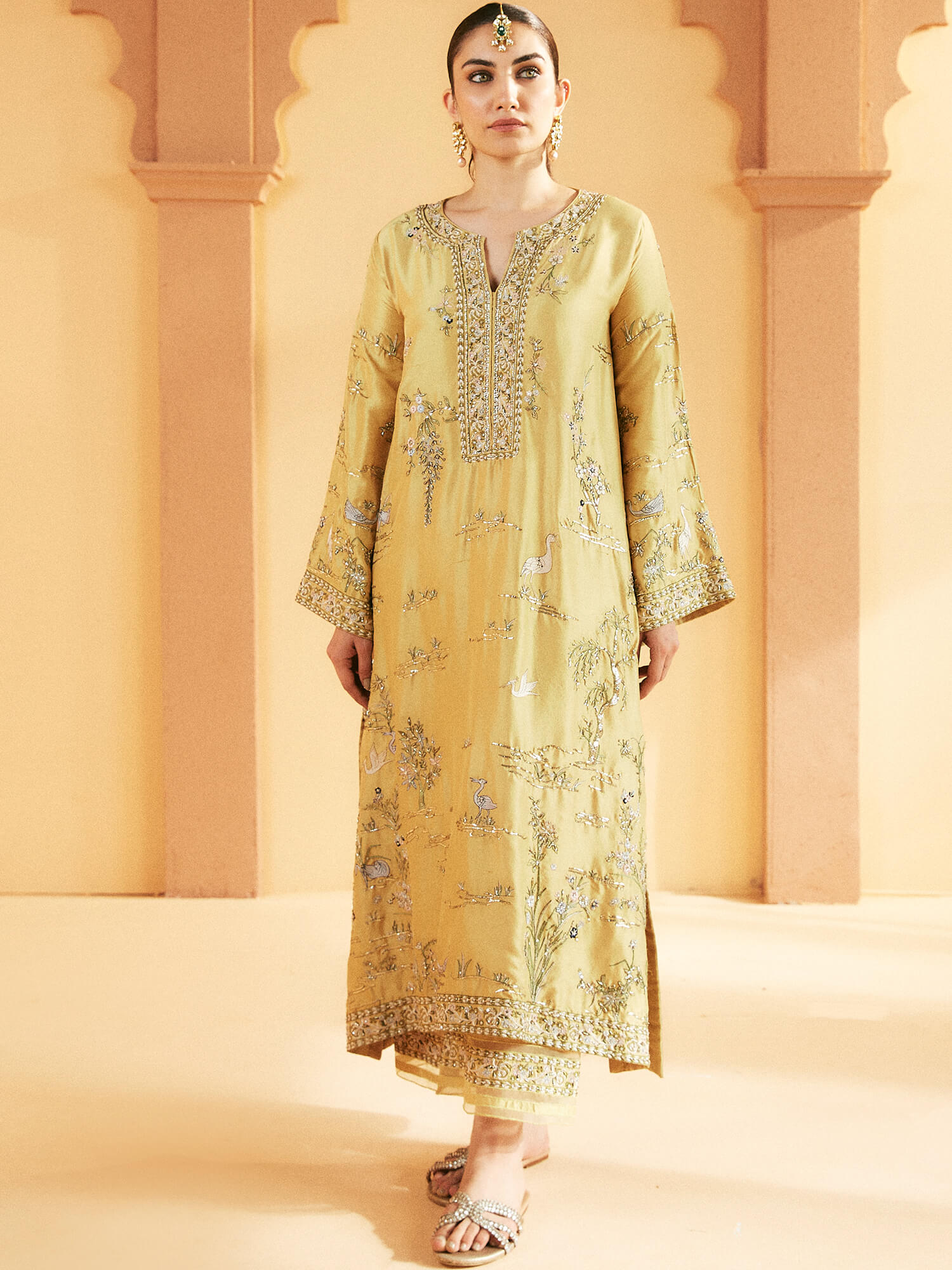 Pakistani Lemon Yellow Embroidered Raw Silk Kurta Set (2-Piece) - Image 1