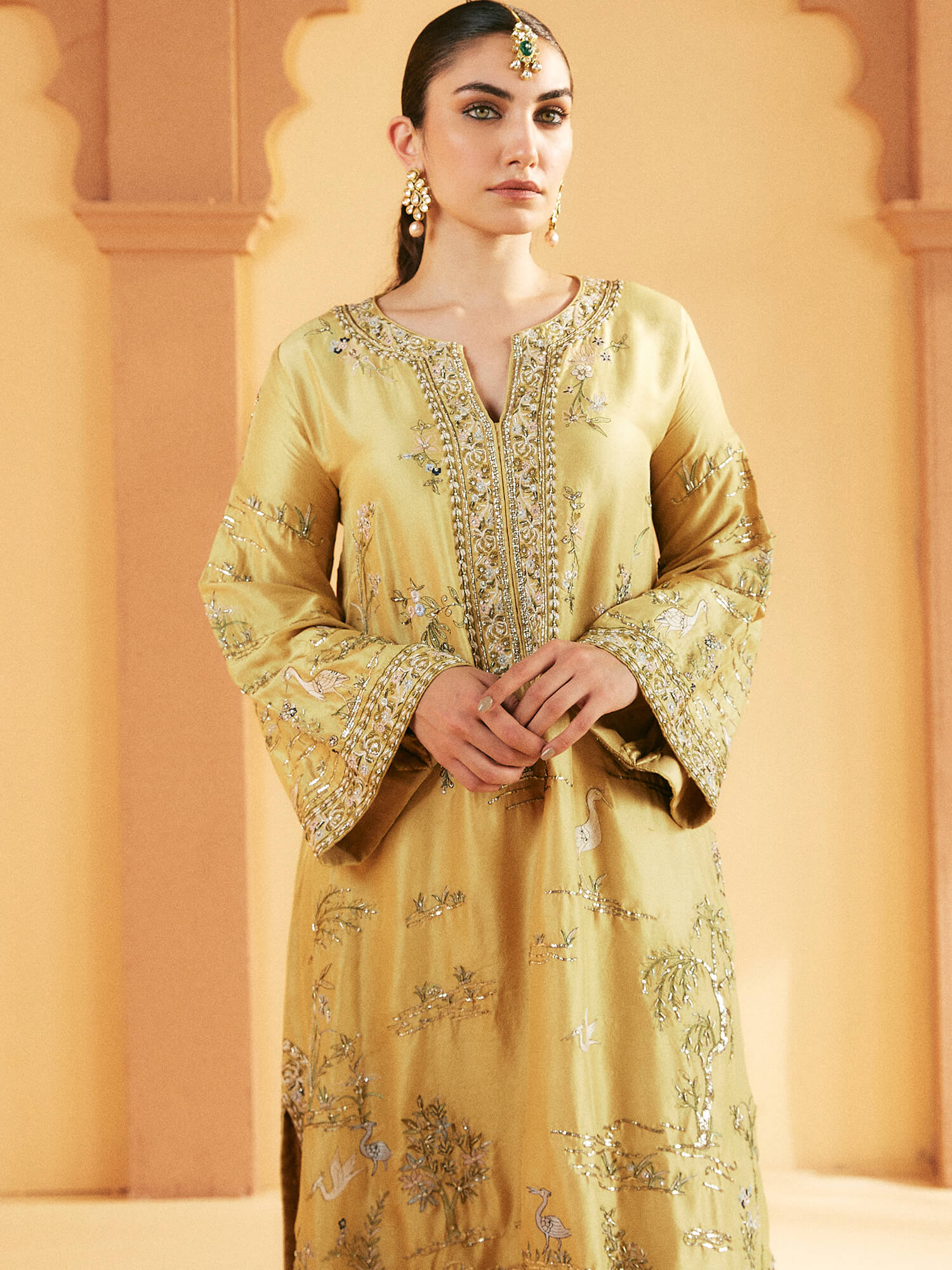 Pakistani Lemon Yellow Embroidered Raw Silk Kurta Set (2-Piece) - Image 2