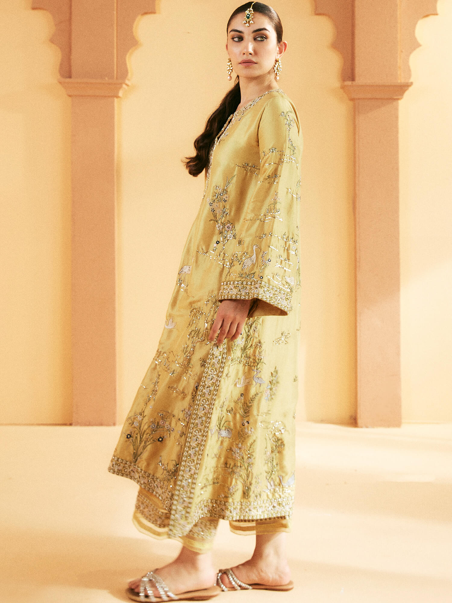 Pakistani Lemon Yellow Embroidered Raw Silk Kurta Set (2-Piece) - Image 3