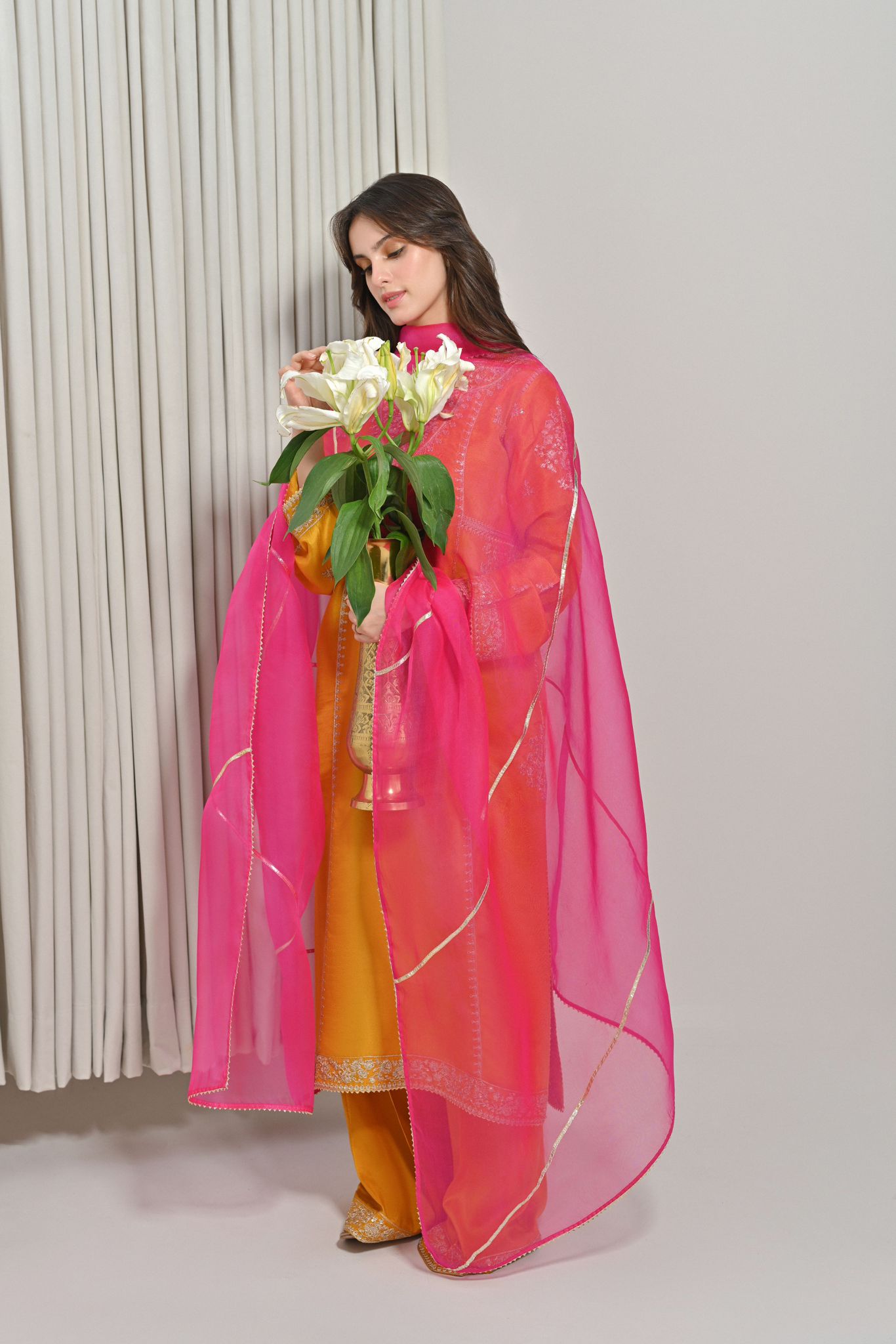 Pakistani Mustard Yellow Zari Sequin Raw Silk Salwar Kameez (3-Piece) - Image 1