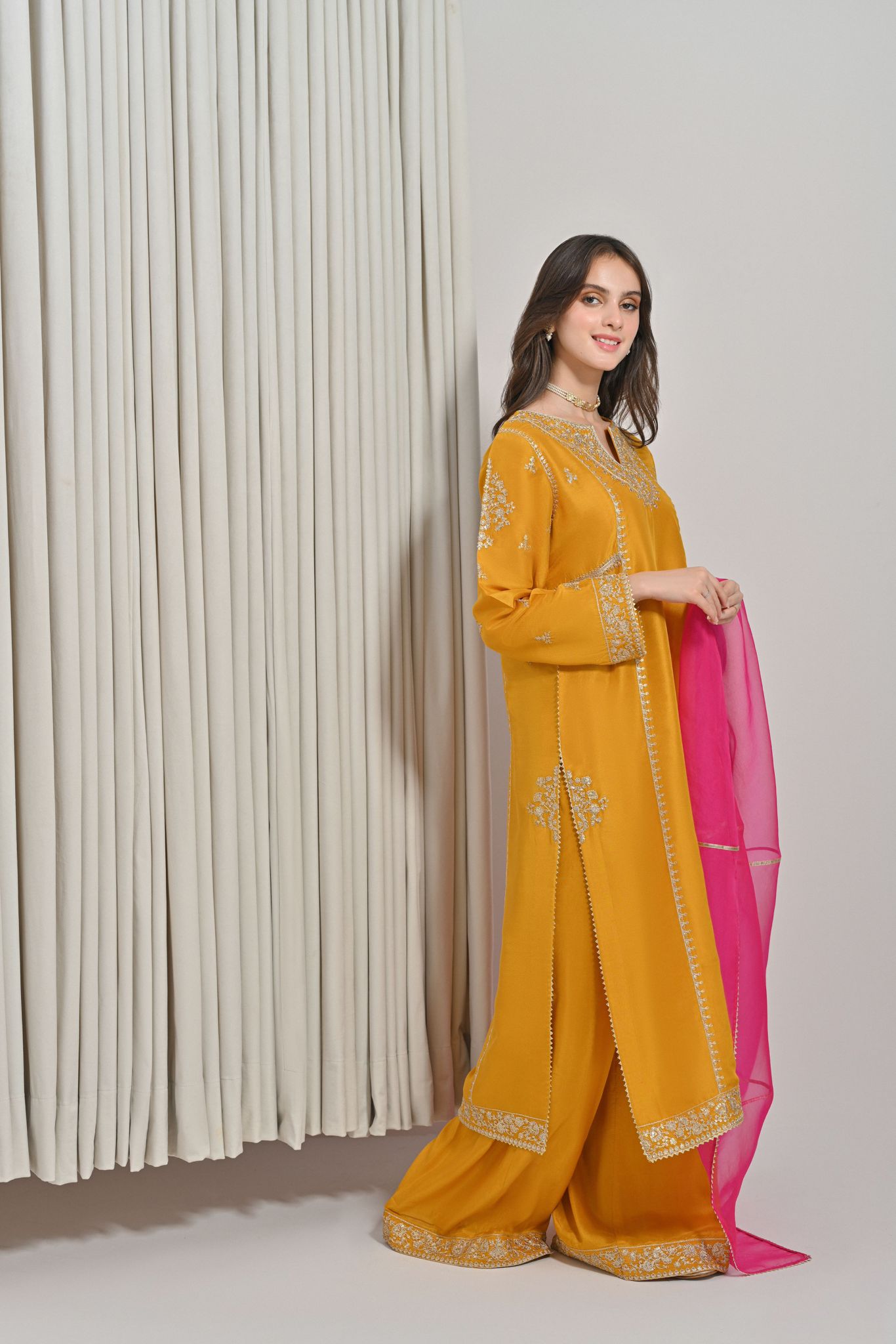 Pakistani Mustard Yellow Zari Sequin Raw Silk Salwar Kameez (3-Piece) - Image 2