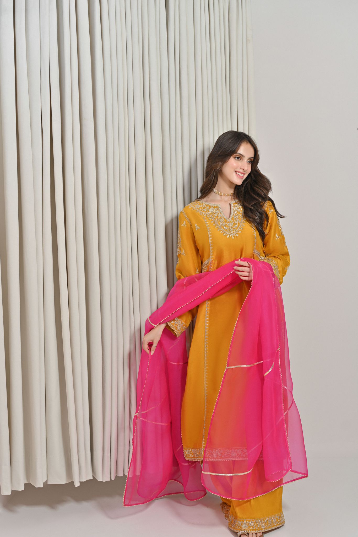 Pakistani Mustard Yellow Zari Sequin Raw Silk Salwar Kameez (3-Piece) - Image 3