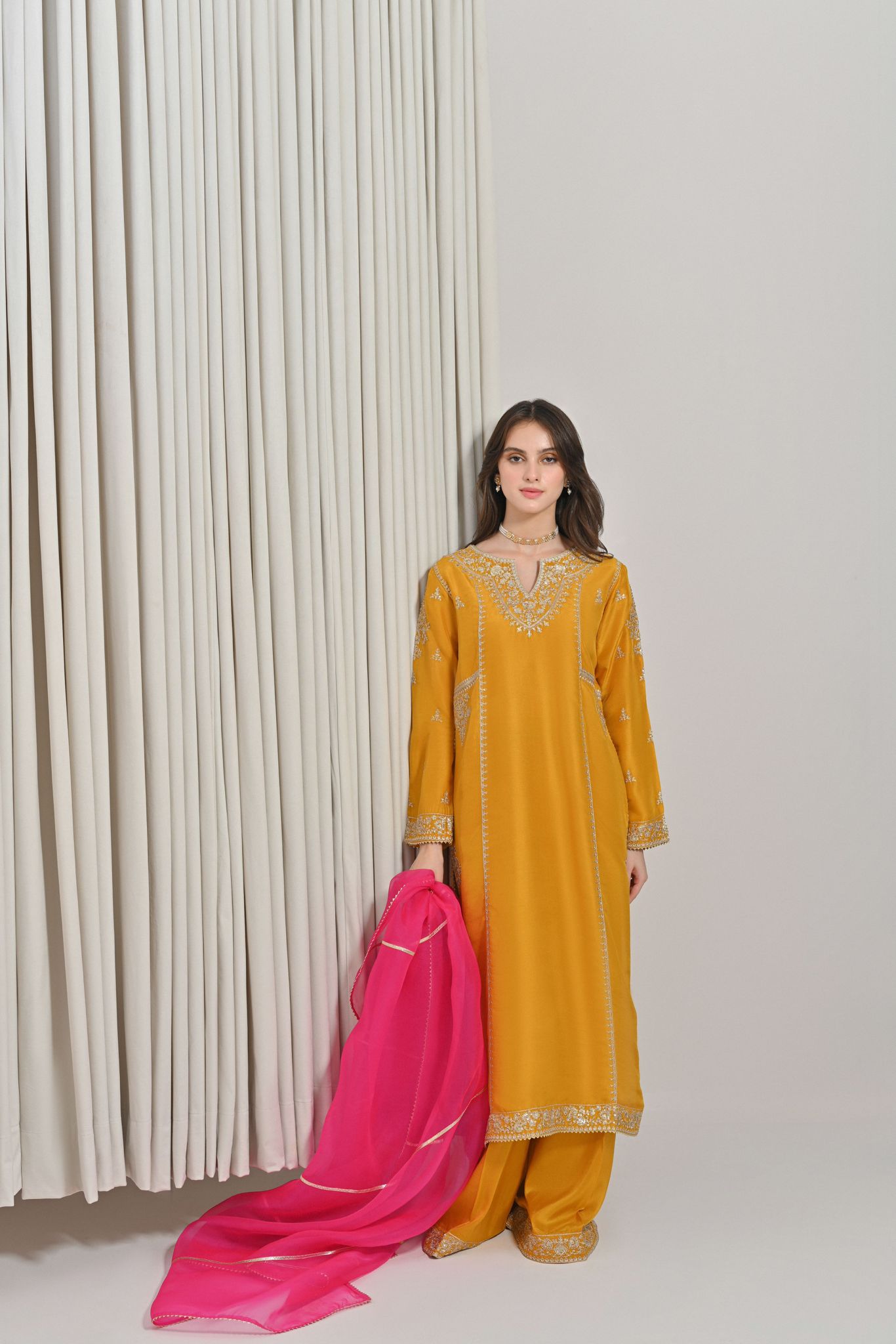 Pakistani Mustard Yellow Zari Sequin Raw Silk Salwar Kameez (3-Piece) - Image 4