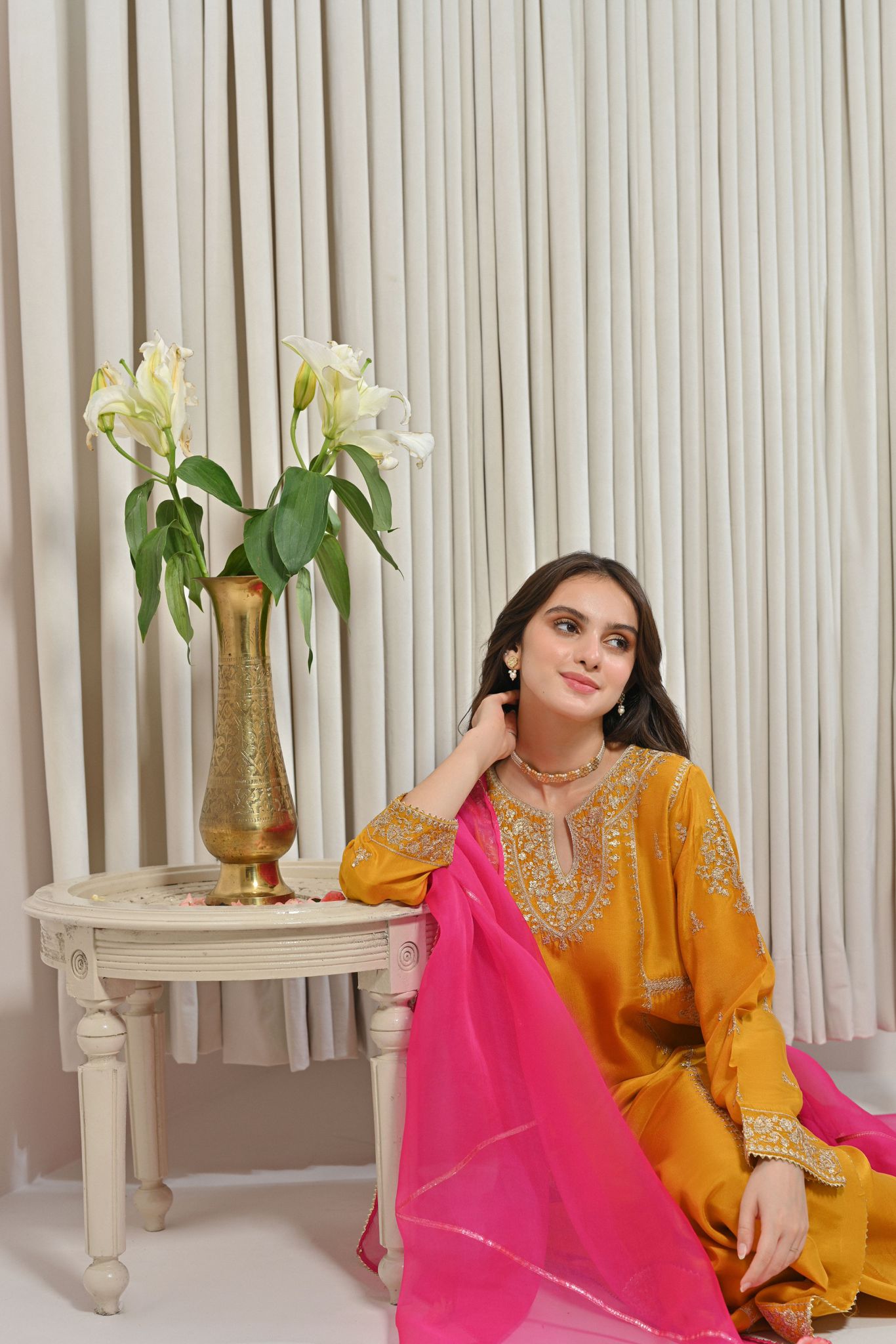 Pakistani Mustard Yellow Zari Sequin Raw Silk Salwar Kameez (3-Piece) - Image 5