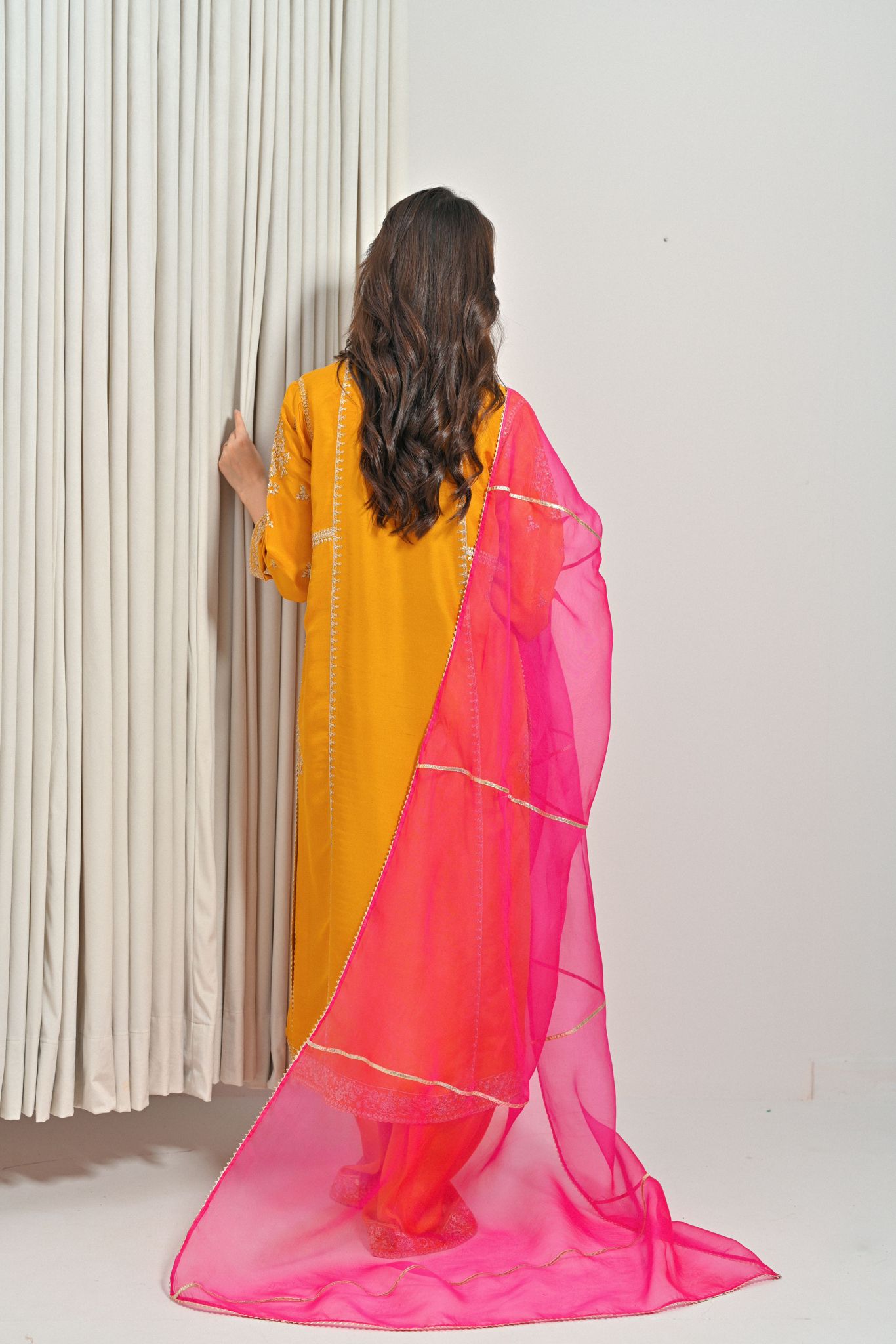 Pakistani Mustard Yellow Zari Sequin Raw Silk Salwar Kameez (3-Piece) - Image 6