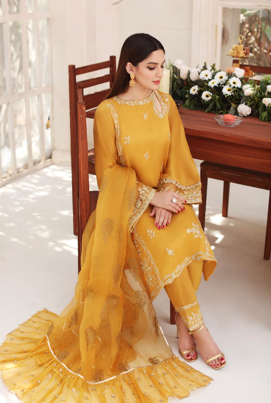 Pakistani Mustard Yellow Embroidered Raw Silk Salwar Kameez (3-Piece) - Image 1