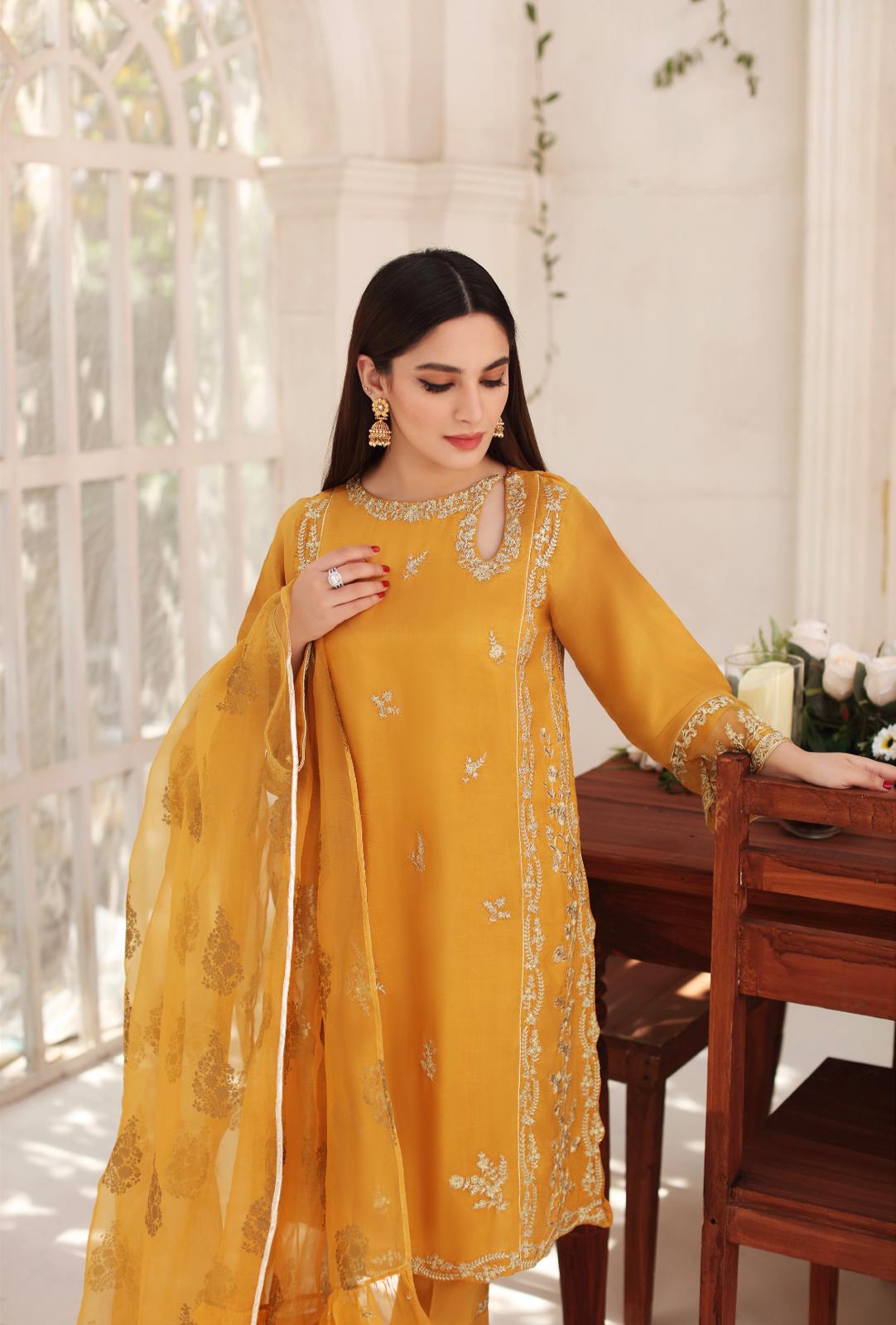 Pakistani Mustard Yellow Embroidered Raw Silk Salwar Kameez (3-Piece) - Image 2