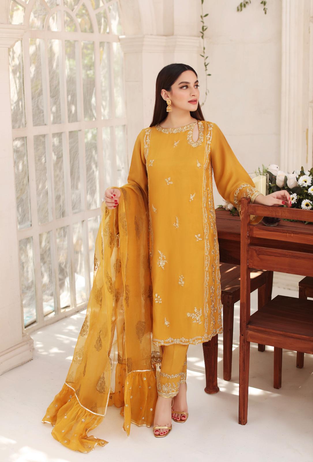Pakistani Mustard Yellow Embroidered Raw Silk Salwar Kameez (3-Piece) - Image 3
