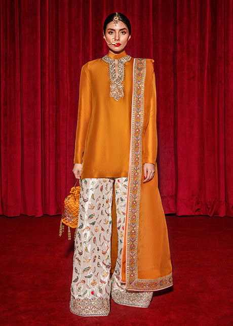 Mustard Embellished Raw Silk Salwar Kameez (3-Piece) - Image 1