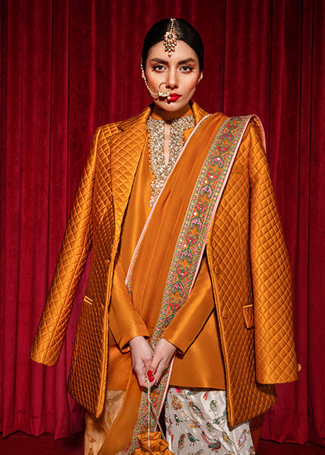 Mustard Embellished Raw Silk Salwar Kameez (3-Piece) - Image 2