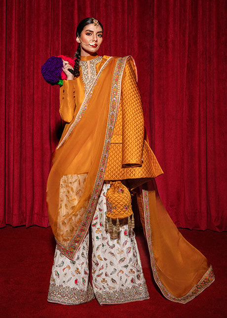 Mustard Embellished Raw Silk Salwar Kameez (3-Piece) - Image 3