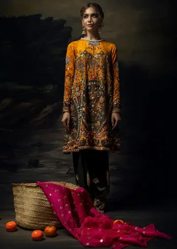 Mustard Gota Embroidered Raw Silk Salwar Kameez (3-Piece) - Image 1