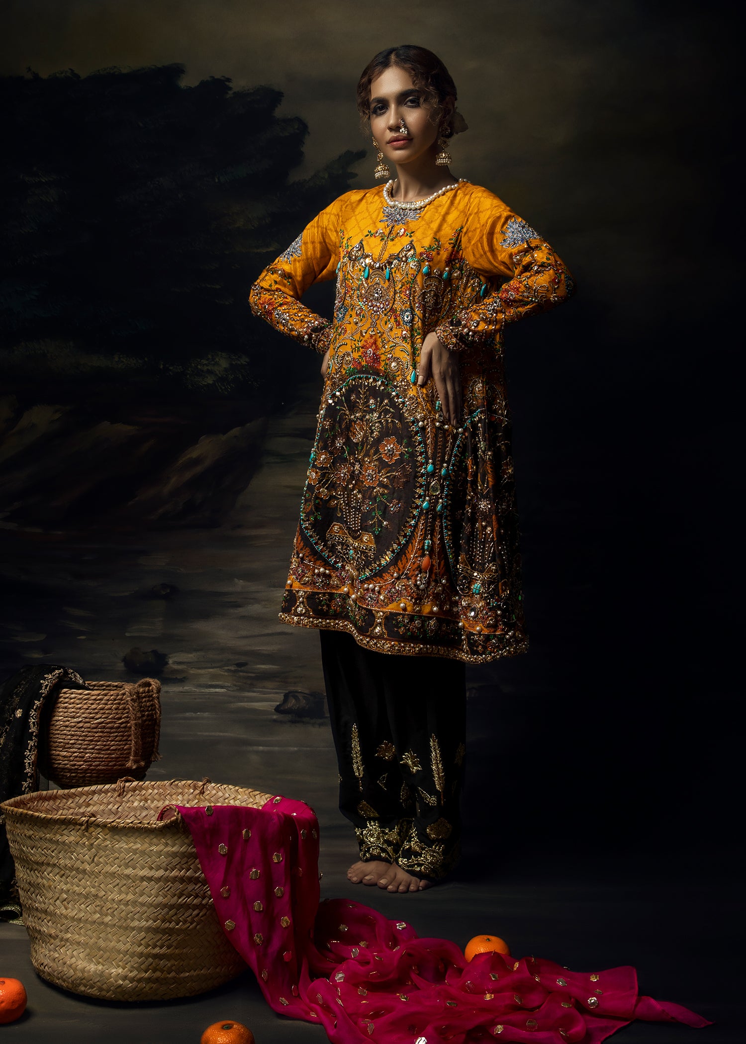 Mustard Gota Embroidered Raw Silk Salwar Kameez (3-Piece) - Image 2