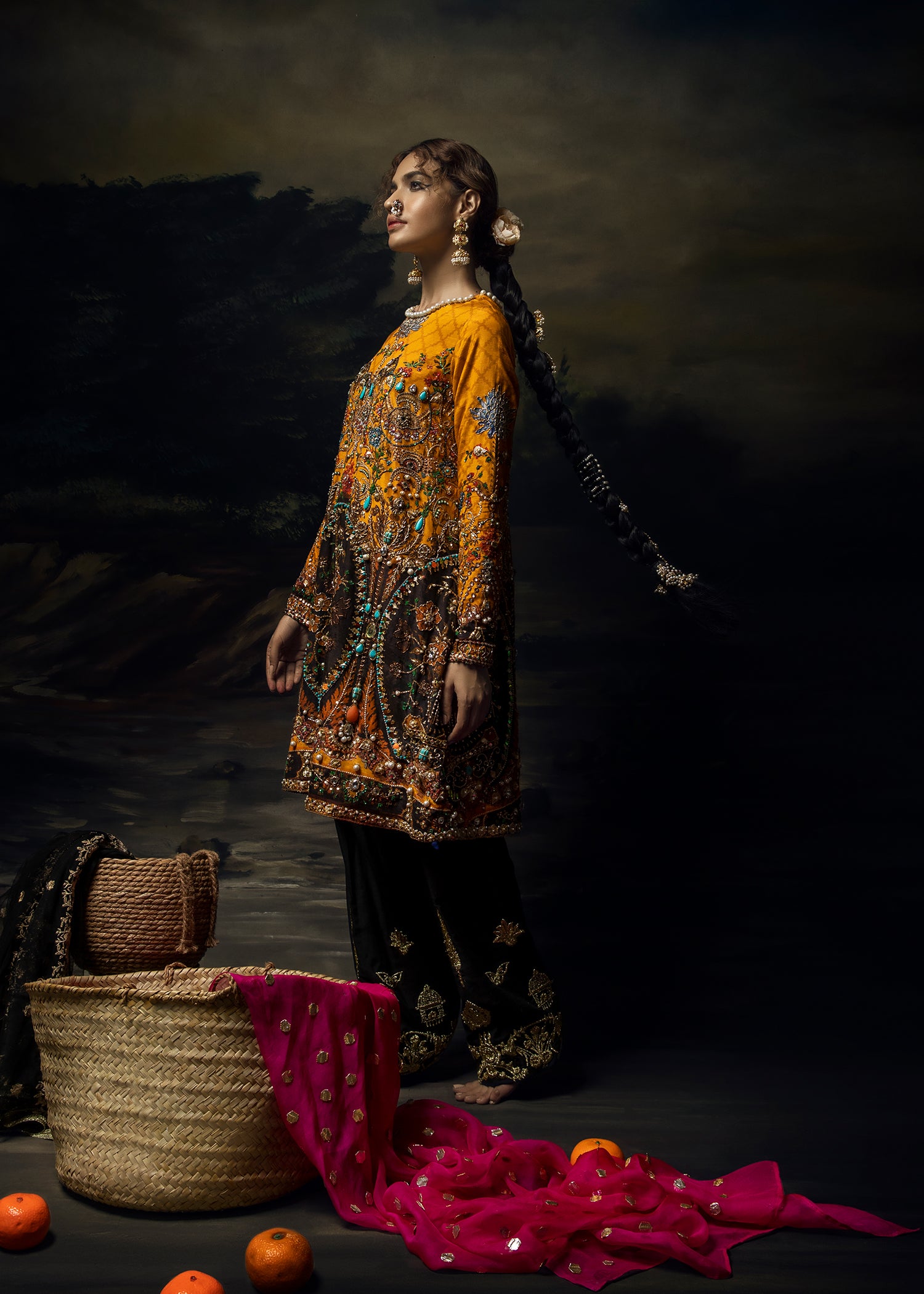 Mustard Gota Embroidered Raw Silk Salwar Kameez (3-Piece) - Image 3