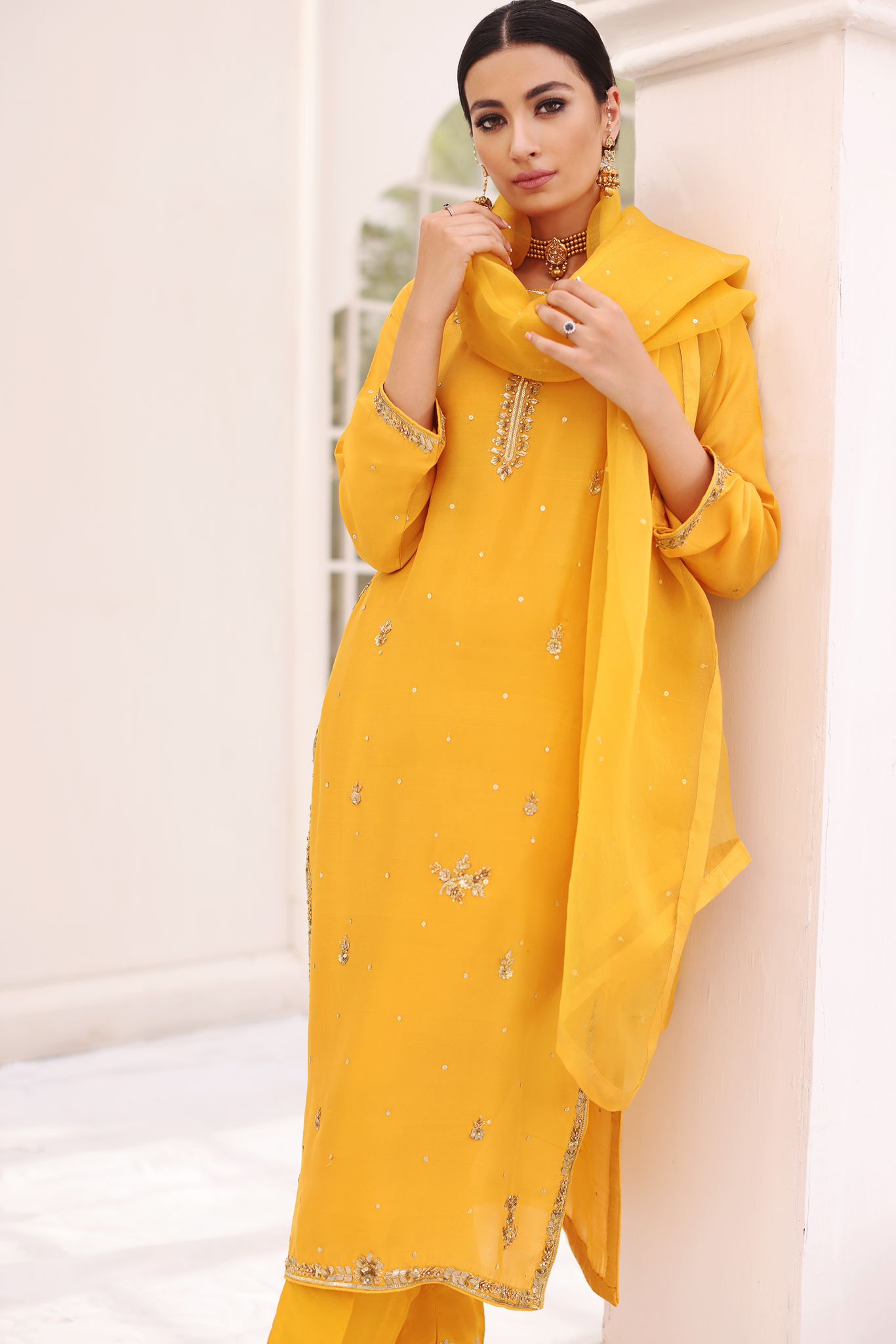 Pakistani Mustard Yellow Hand Embellished Raw Silk Kameez (3-Piece) - Image 1