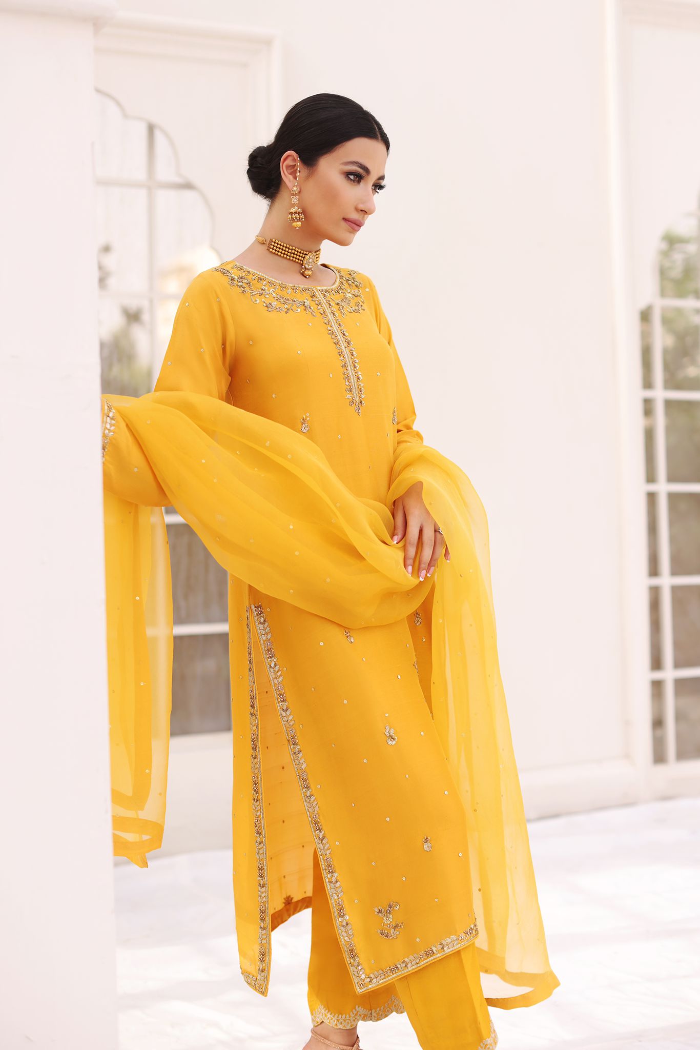 Pakistani Mustard Yellow Hand Embellished Raw Silk Kameez (3-Piece) - Image 2