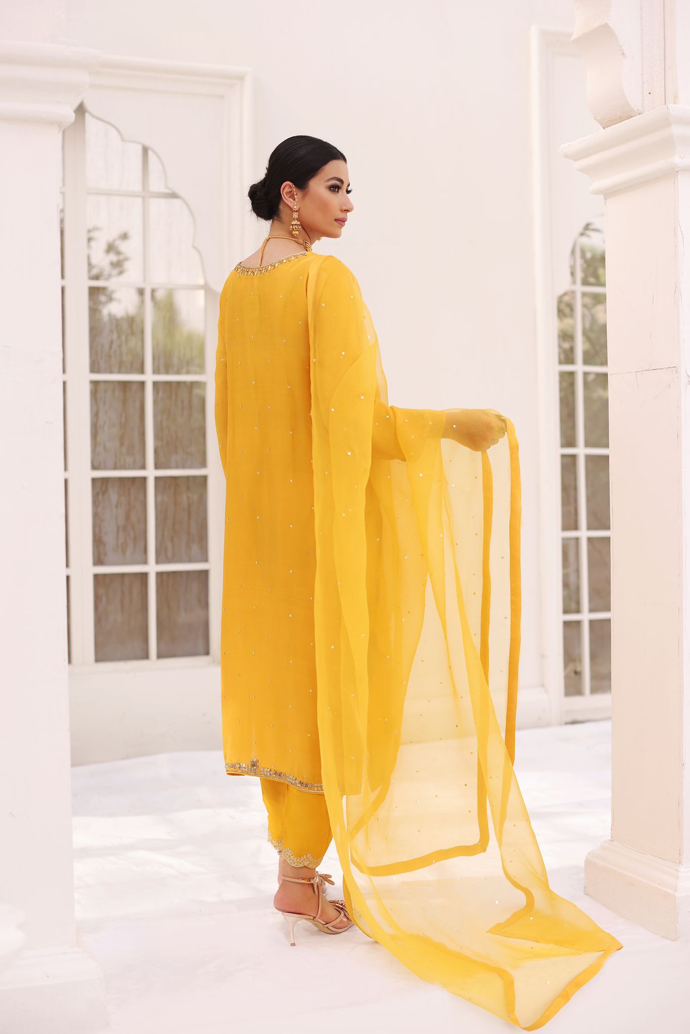 Pakistani Mustard Yellow Hand Embellished Raw Silk Kameez (3-Piece) - Image 3