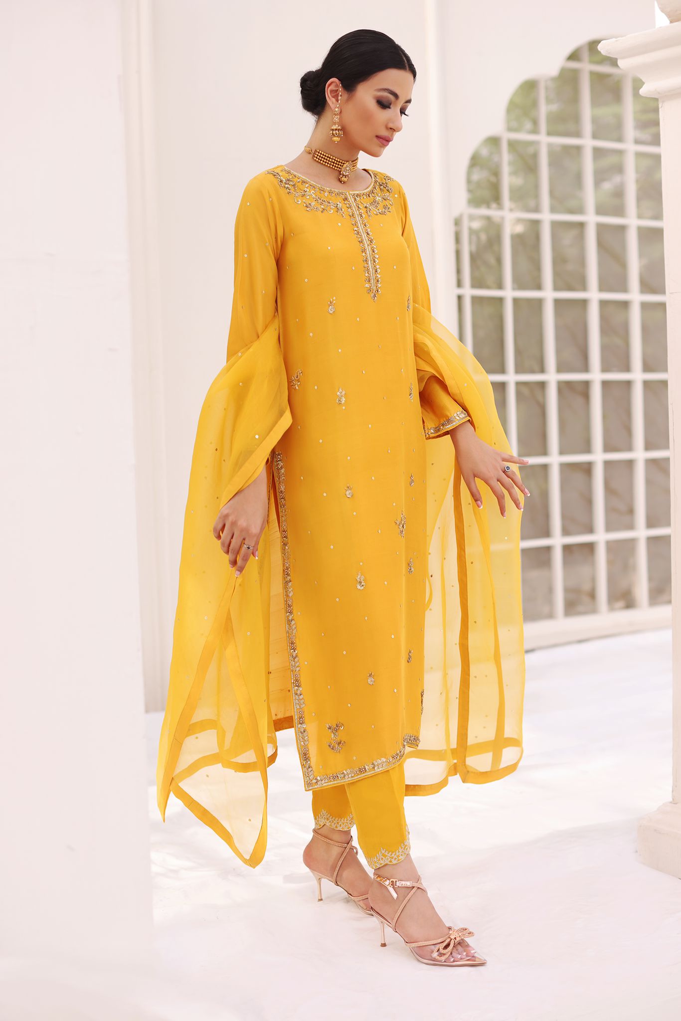 Pakistani Mustard Yellow Hand Embellished Raw Silk Kameez (3-Piece) - Image 4