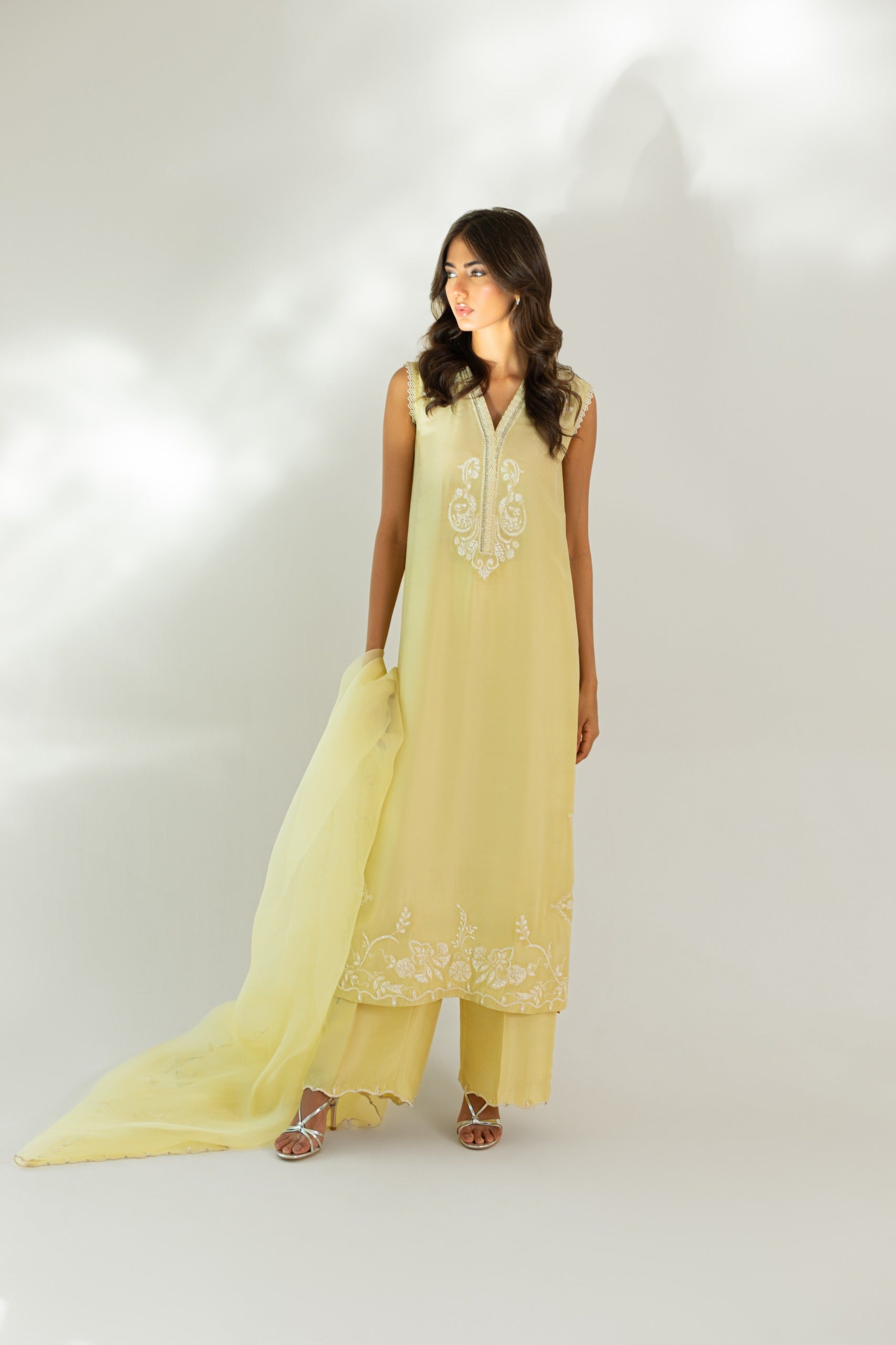Lemon Yellow Hand Embroidered Raw Silk Kameez (3-Piece) - Image 1