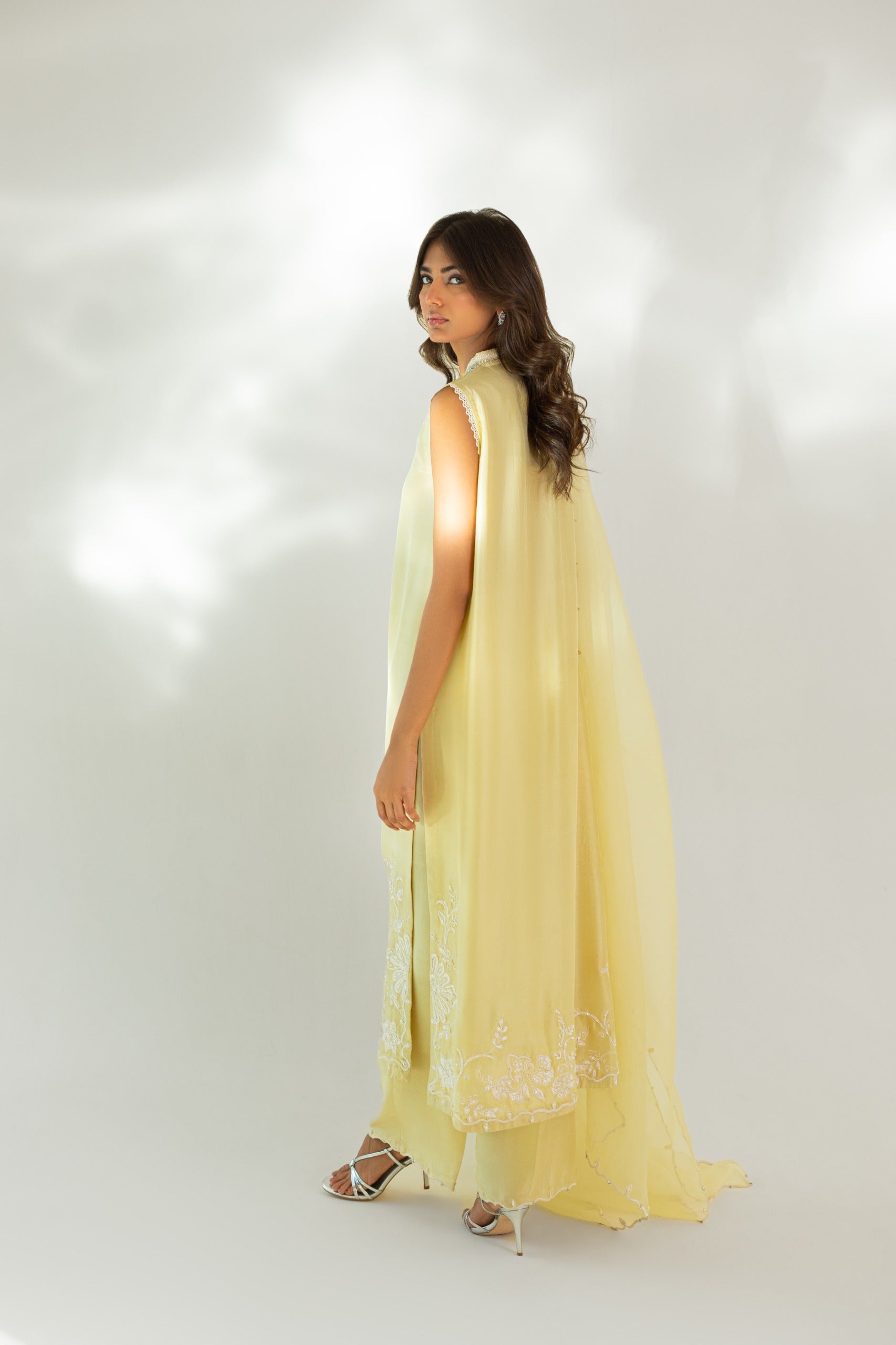 Lemon Yellow Hand Embroidered Raw Silk Kameez (3-Piece) - Image 2