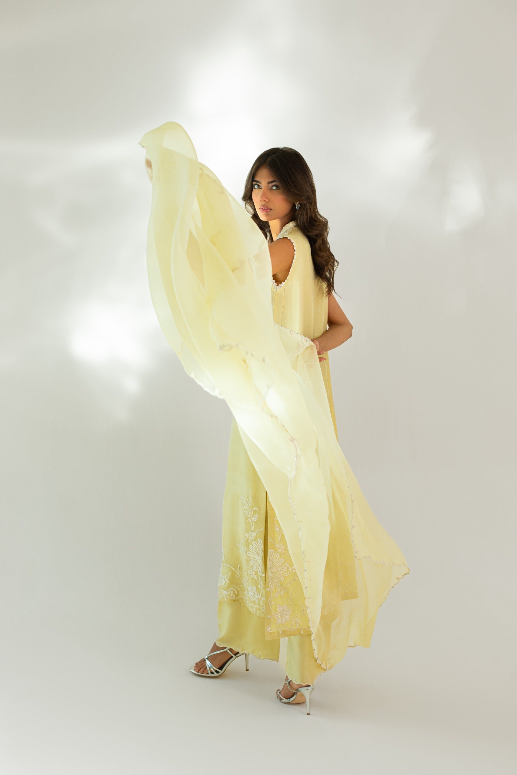 Lemon Yellow Hand Embroidered Raw Silk Kameez (3-Piece) - Image 3