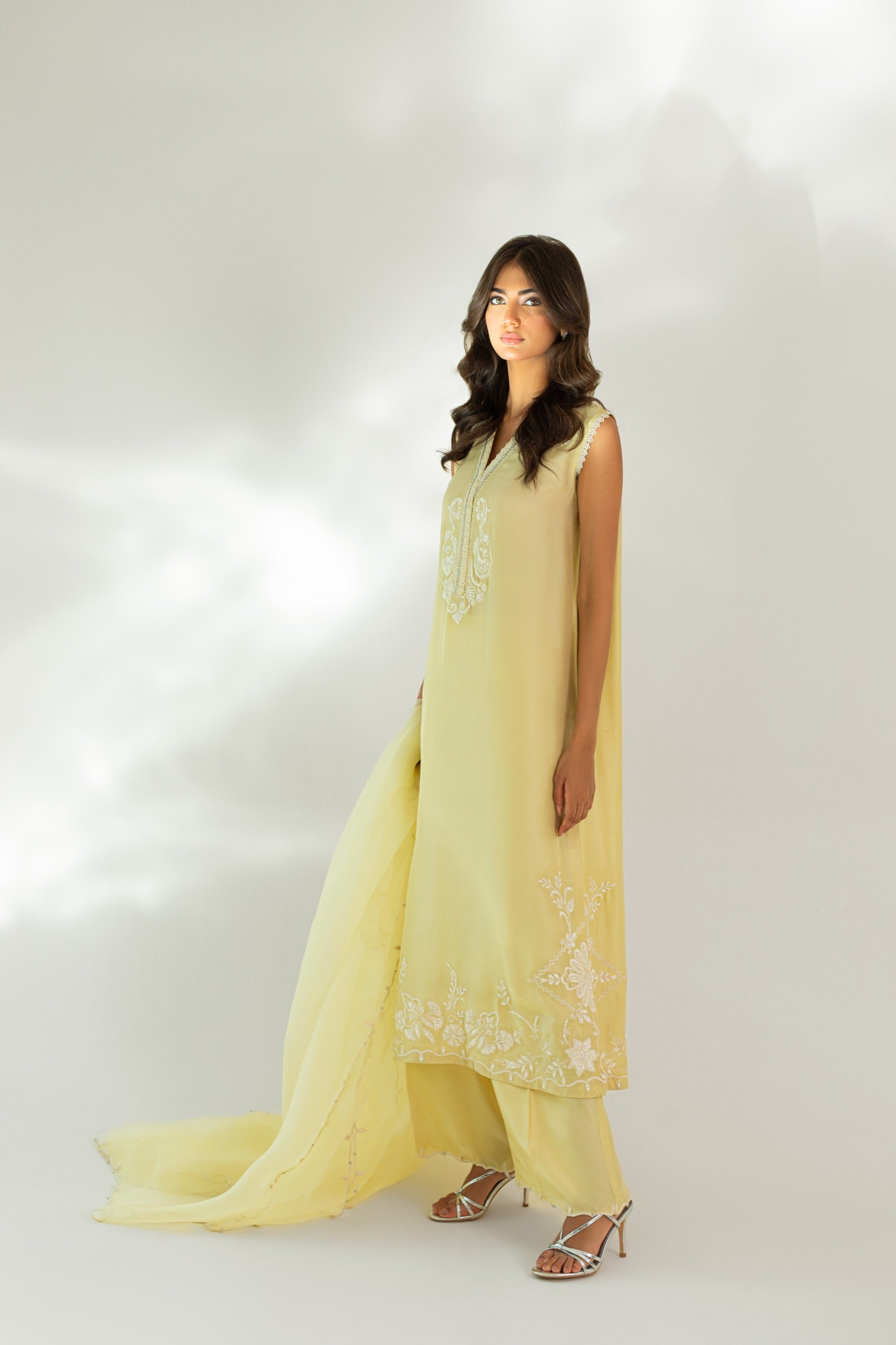 Lemon Yellow Hand Embroidered Raw Silk Kameez (3-Piece) - Image 4