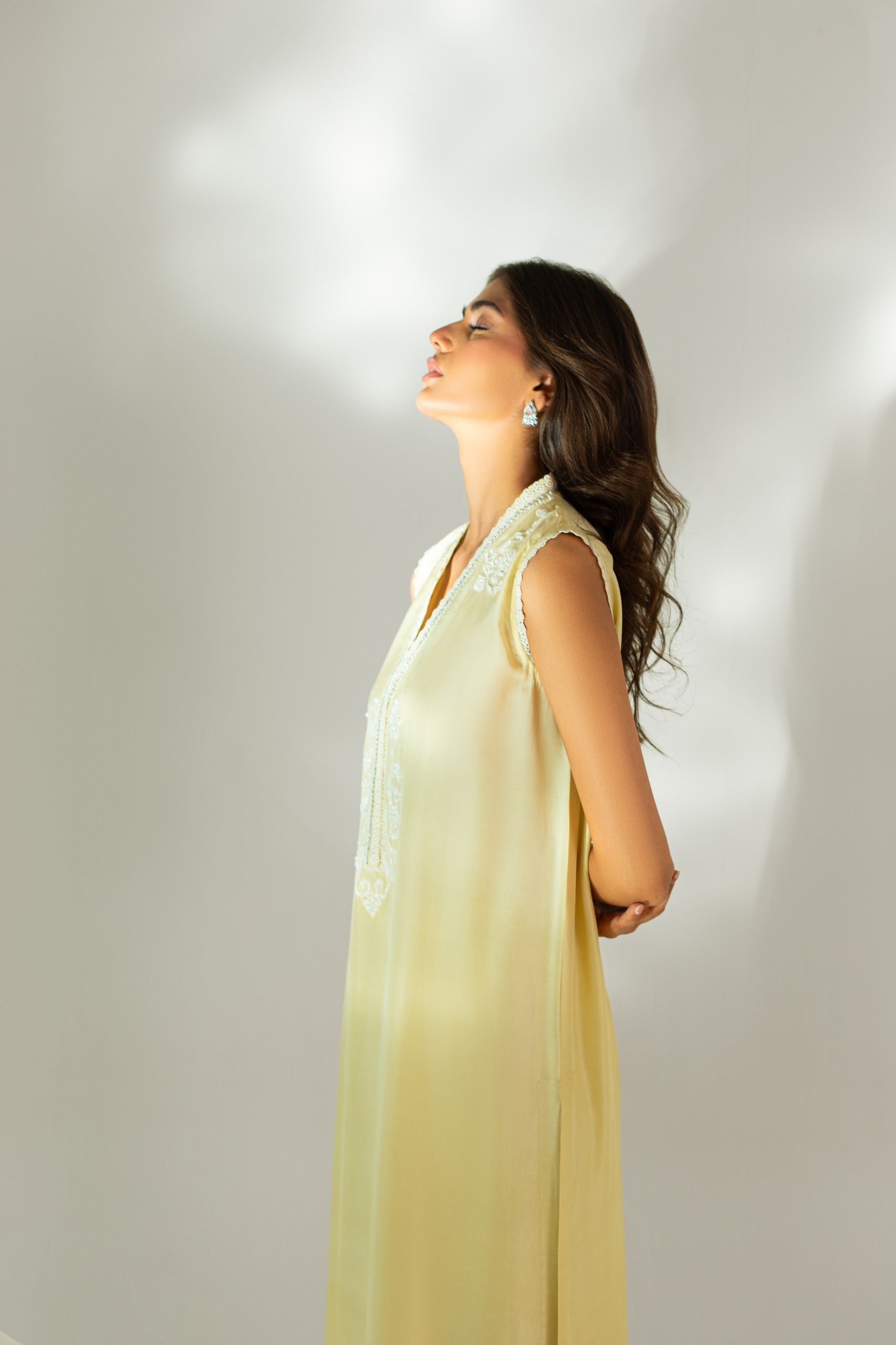 Lemon Yellow Hand Embroidered Raw Silk Kameez (3-Piece) - Image 6