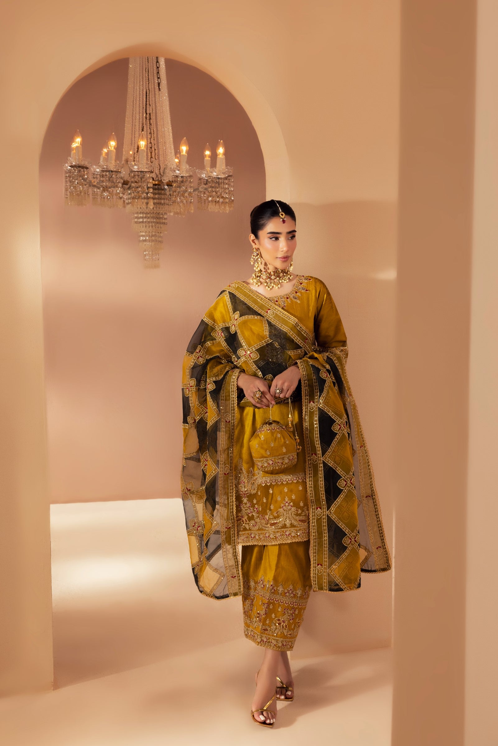 Pakistani Mustard Embroidered Raw Silk 3-Piece Suit - Image 10