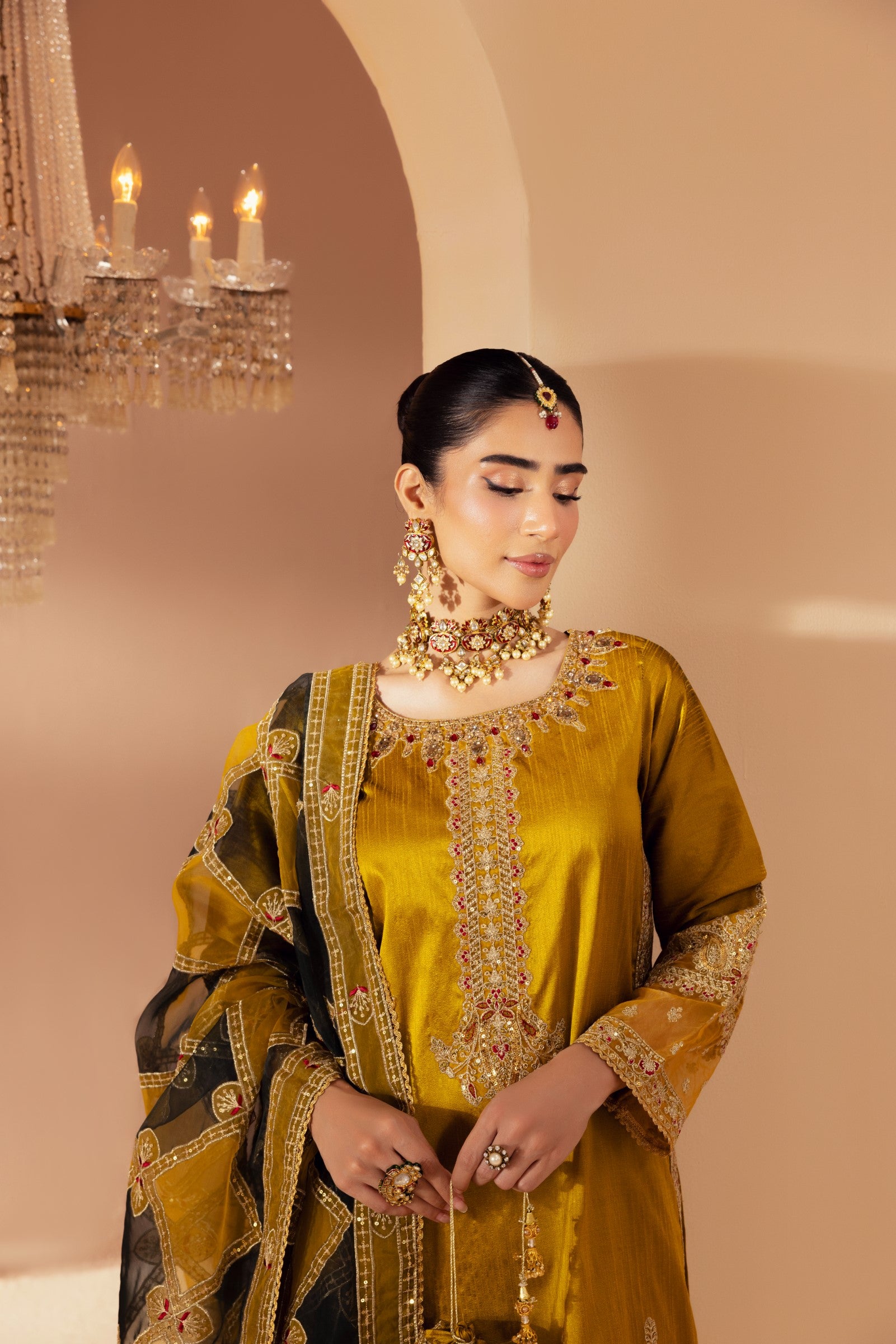 Pakistani Mustard Embroidered Raw Silk 3-Piece Suit - Image 11