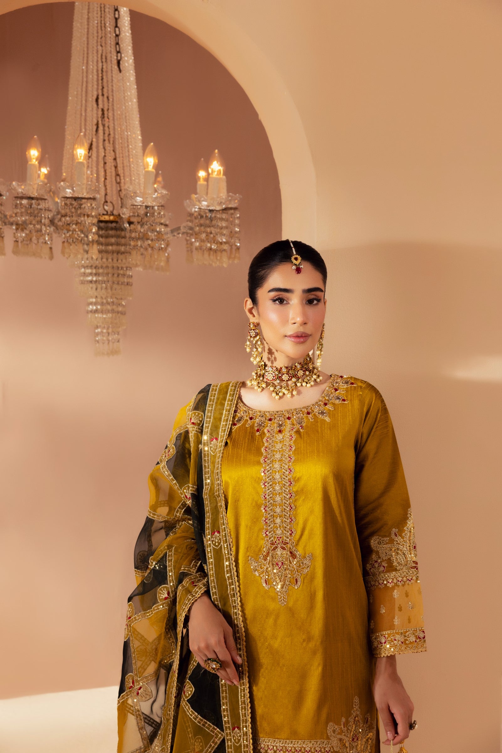 Pakistani Mustard Embroidered Raw Silk 3-Piece Suit - Image 12