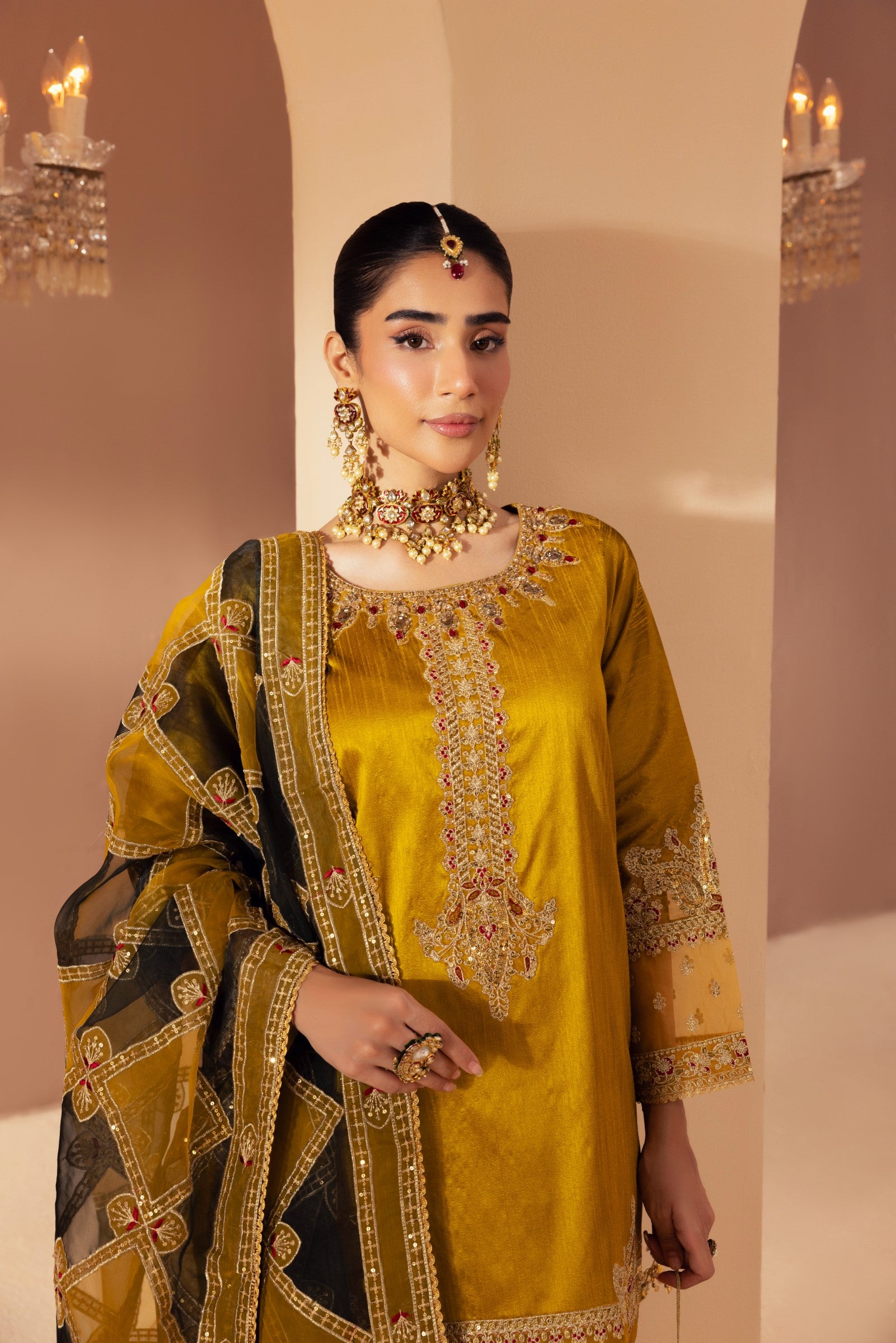 Pakistani Mustard Embroidered Raw Silk 3-Piece Suit - Image 14
