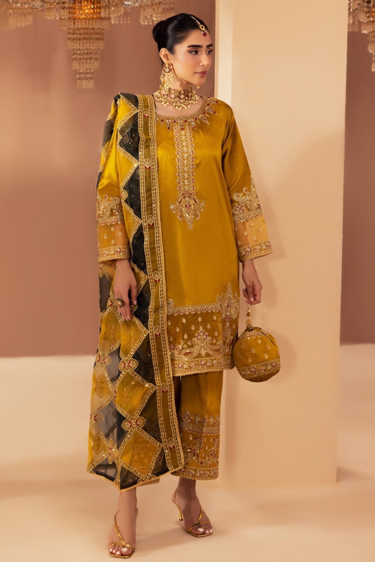 Pakistani Mustard Embroidered Raw Silk 3-Piece Suit - Image 2