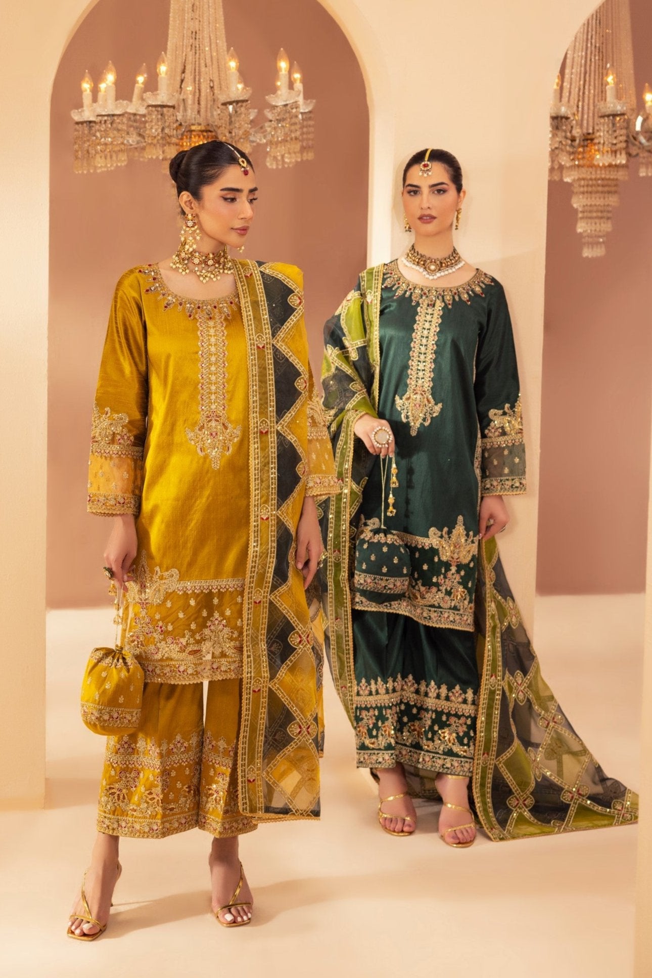 Pakistani Mustard Embroidered Raw Silk 3-Piece Suit - Image 3