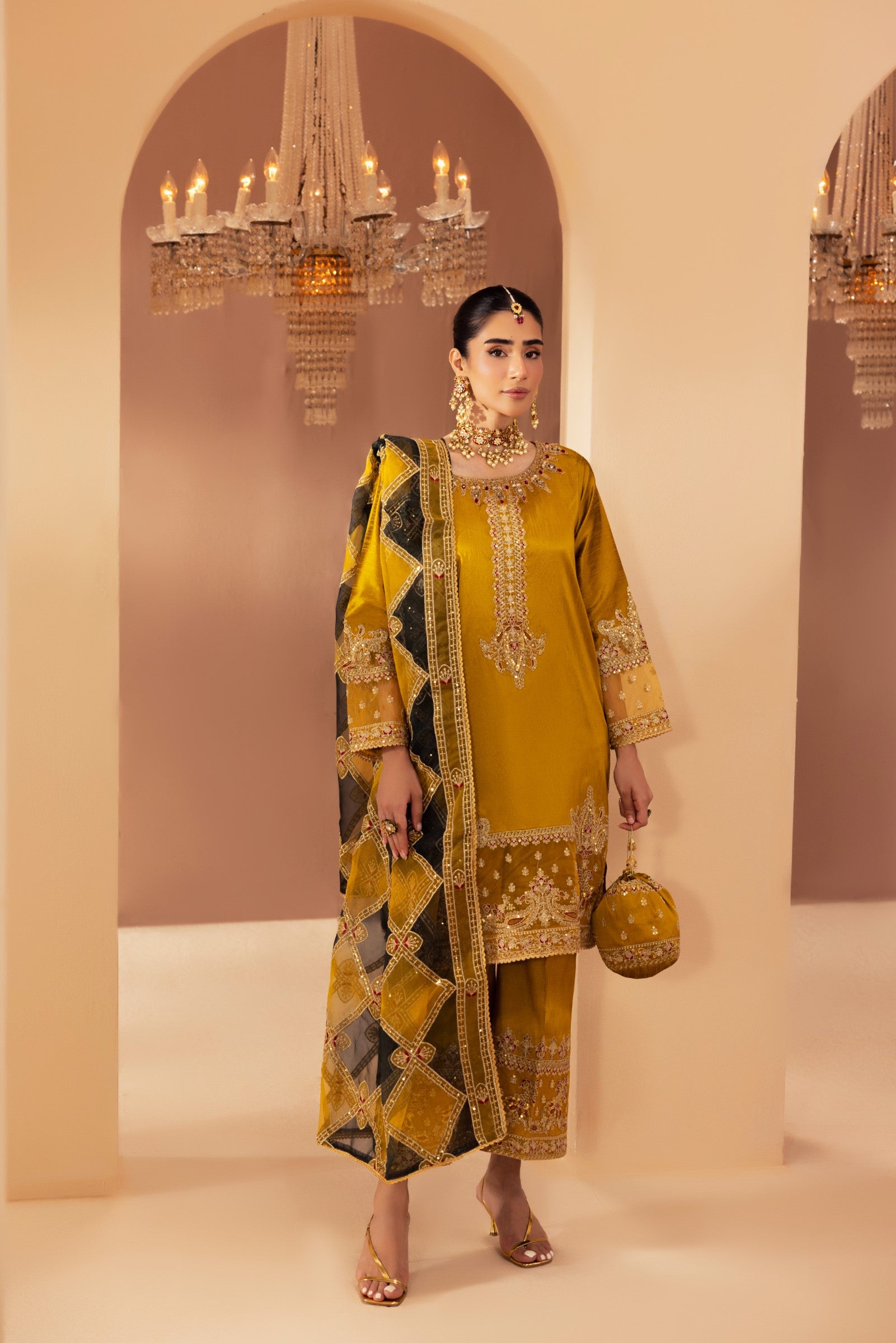 Pakistani Mustard Embroidered Raw Silk 3-Piece Suit - Image 4