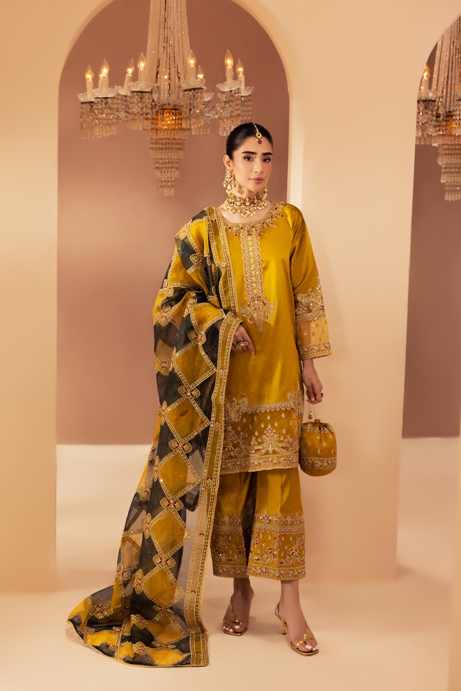 Pakistani Mustard Embroidered Raw Silk 3-Piece Suit - Image 5