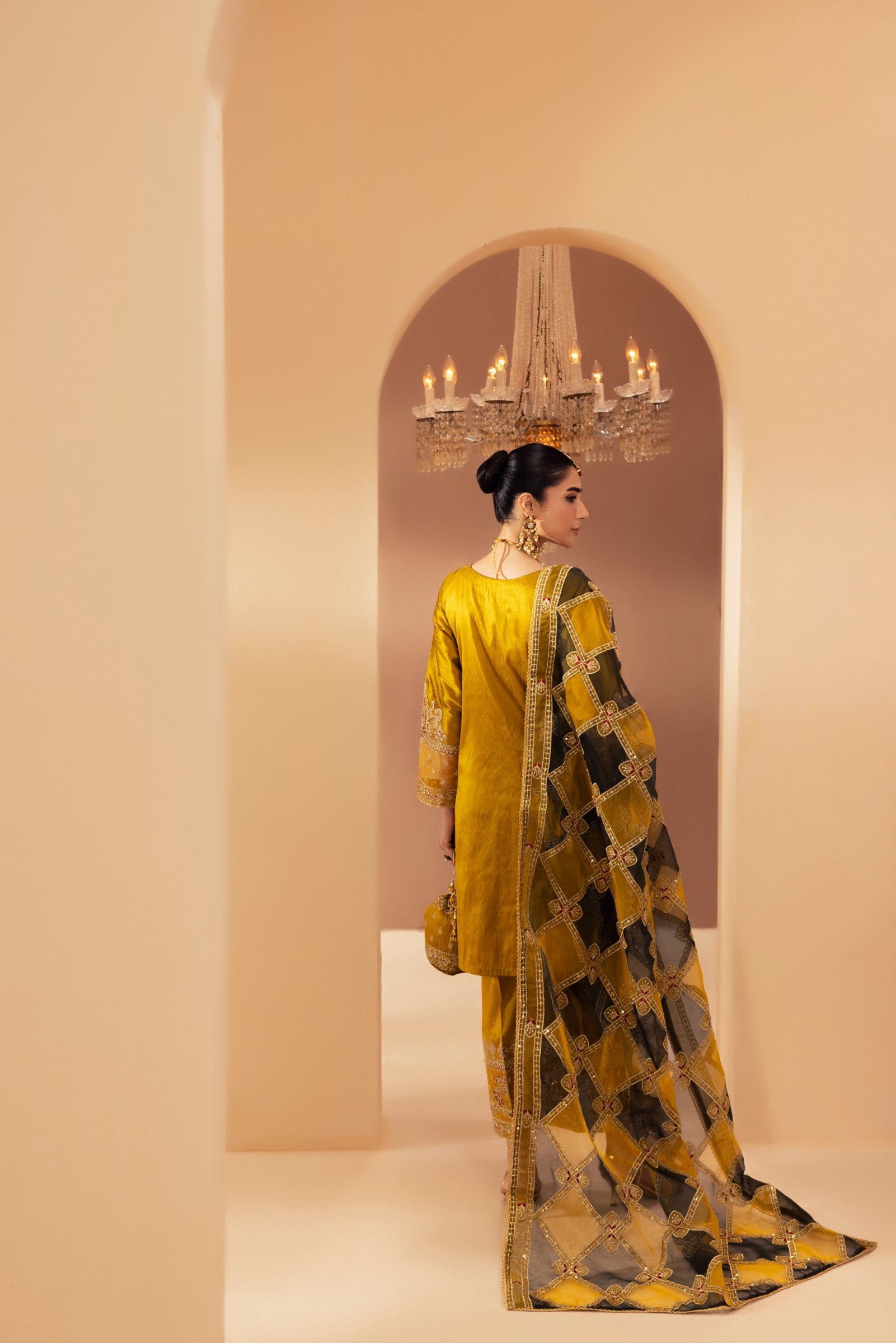 Pakistani Mustard Embroidered Raw Silk 3-Piece Suit - Image 6