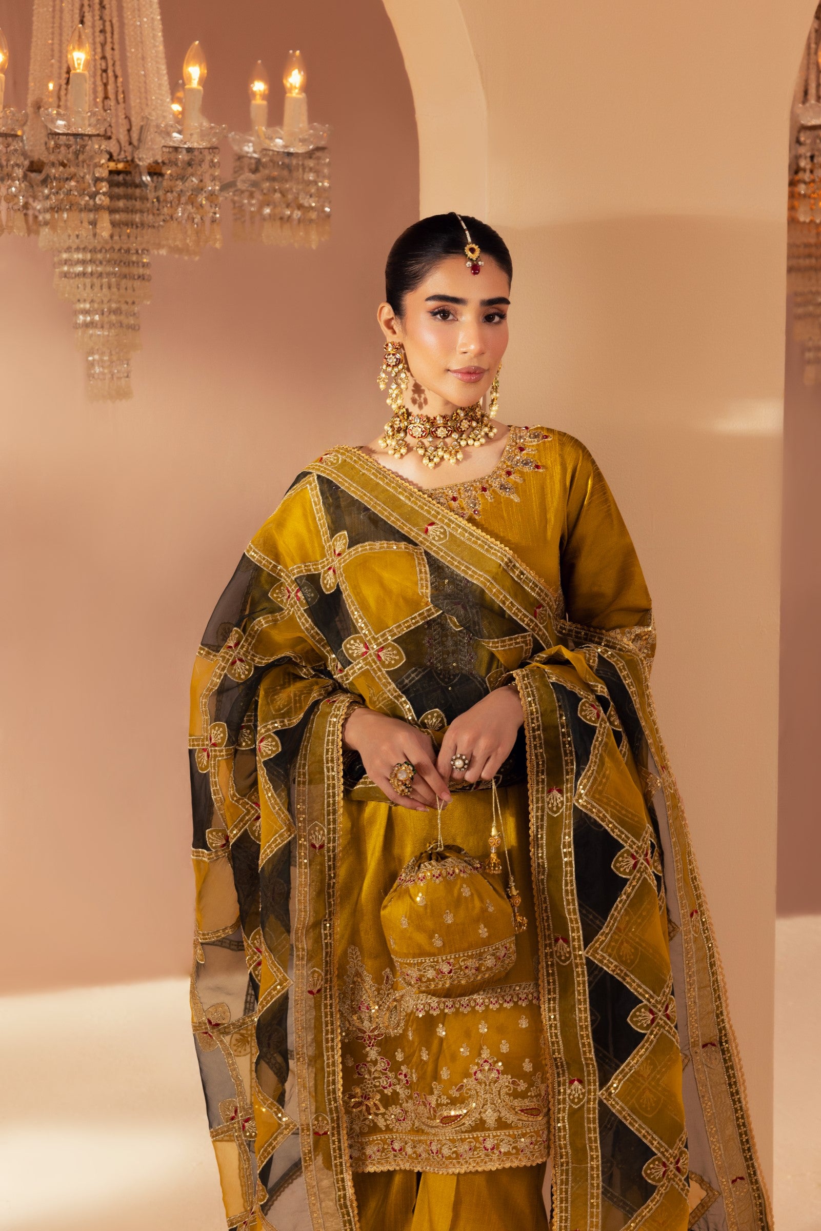 Pakistani Mustard Embroidered Raw Silk 3-Piece Suit - Image 7