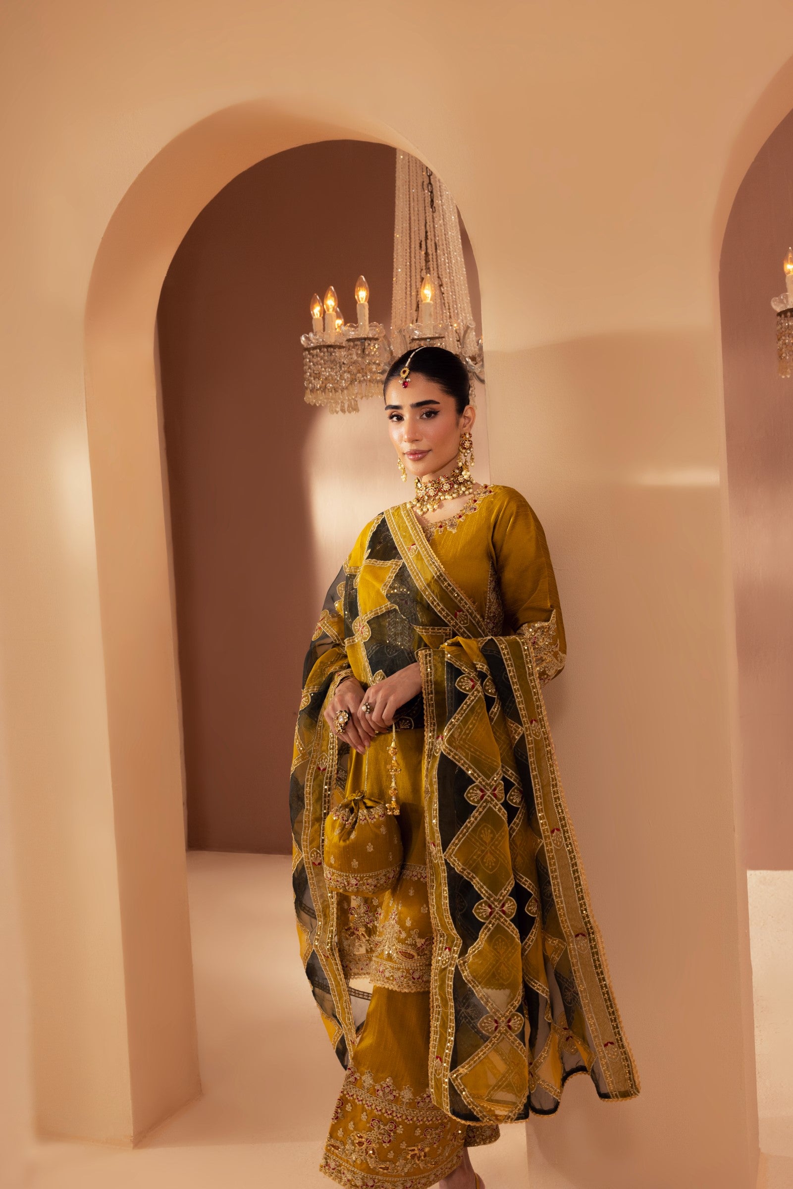 Pakistani Mustard Embroidered Raw Silk 3-Piece Suit - Image 8