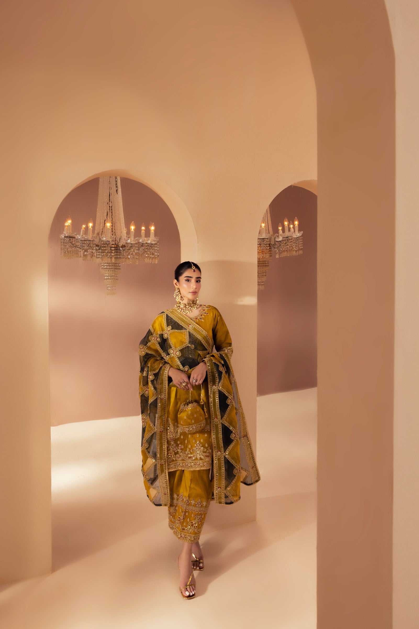 Pakistani Mustard Embroidered Raw Silk 3-Piece Suit - Image 9