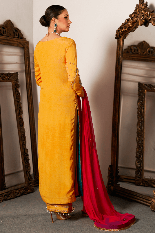 Yellow Hand Embroidered PK Raw Silk Long Shirt (3-Piece) - Image 1