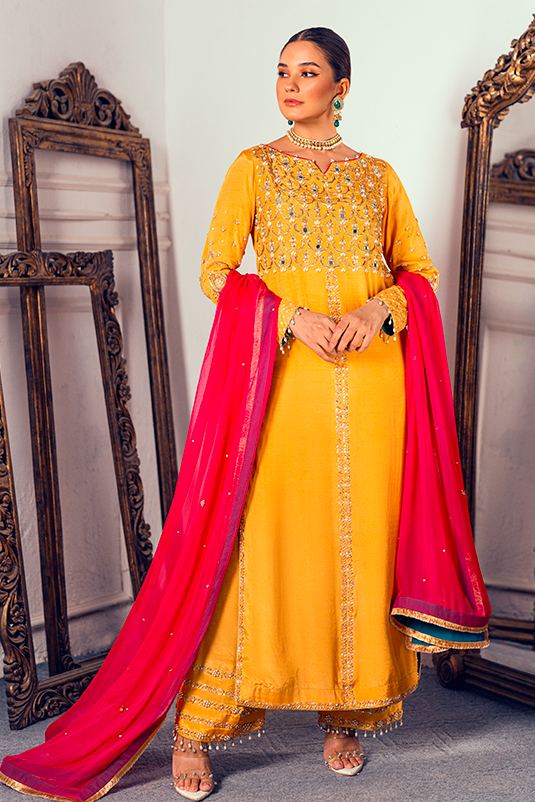 Yellow Hand Embroidered PK Raw Silk Long Shirt (3-Piece) - Image 3