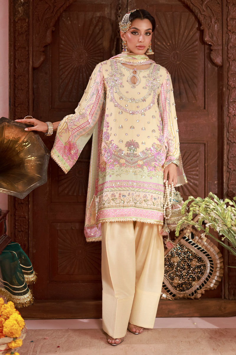 Butter Yellow Hand-Embellished Raw Silk Salwar Kameez (3-Piece) - Image 1