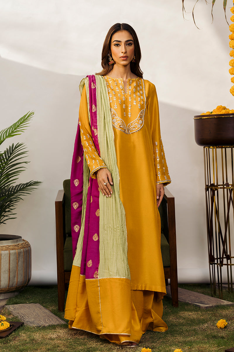 Pakistani Marigold Hand-Embellished Raw Silk Salwar Kameez (3-Piece) - Image 1