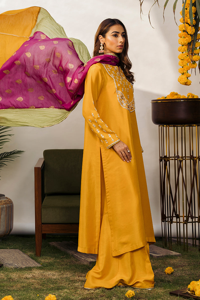 Pakistani Marigold Hand-Embellished Raw Silk Salwar Kameez (3-Piece) - Image 3