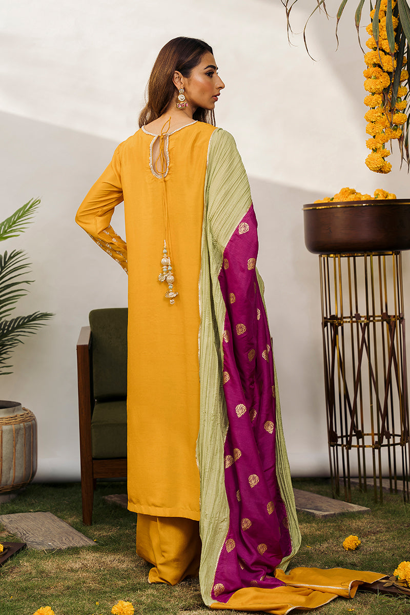 Pakistani Marigold Hand-Embellished Raw Silk Salwar Kameez (3-Piece) - Image 4