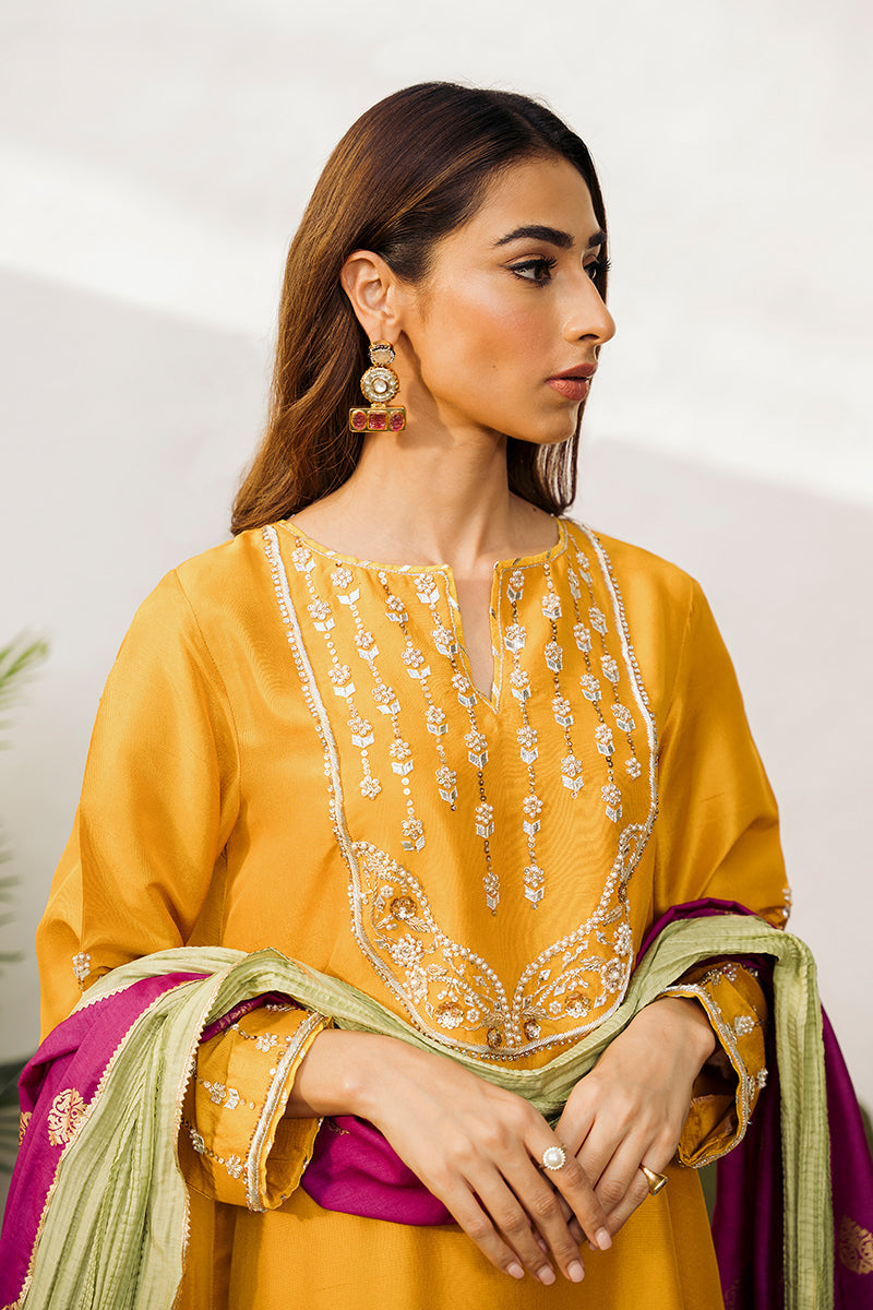 Pakistani Marigold Hand-Embellished Raw Silk Salwar Kameez (3-Piece) - Image 5
